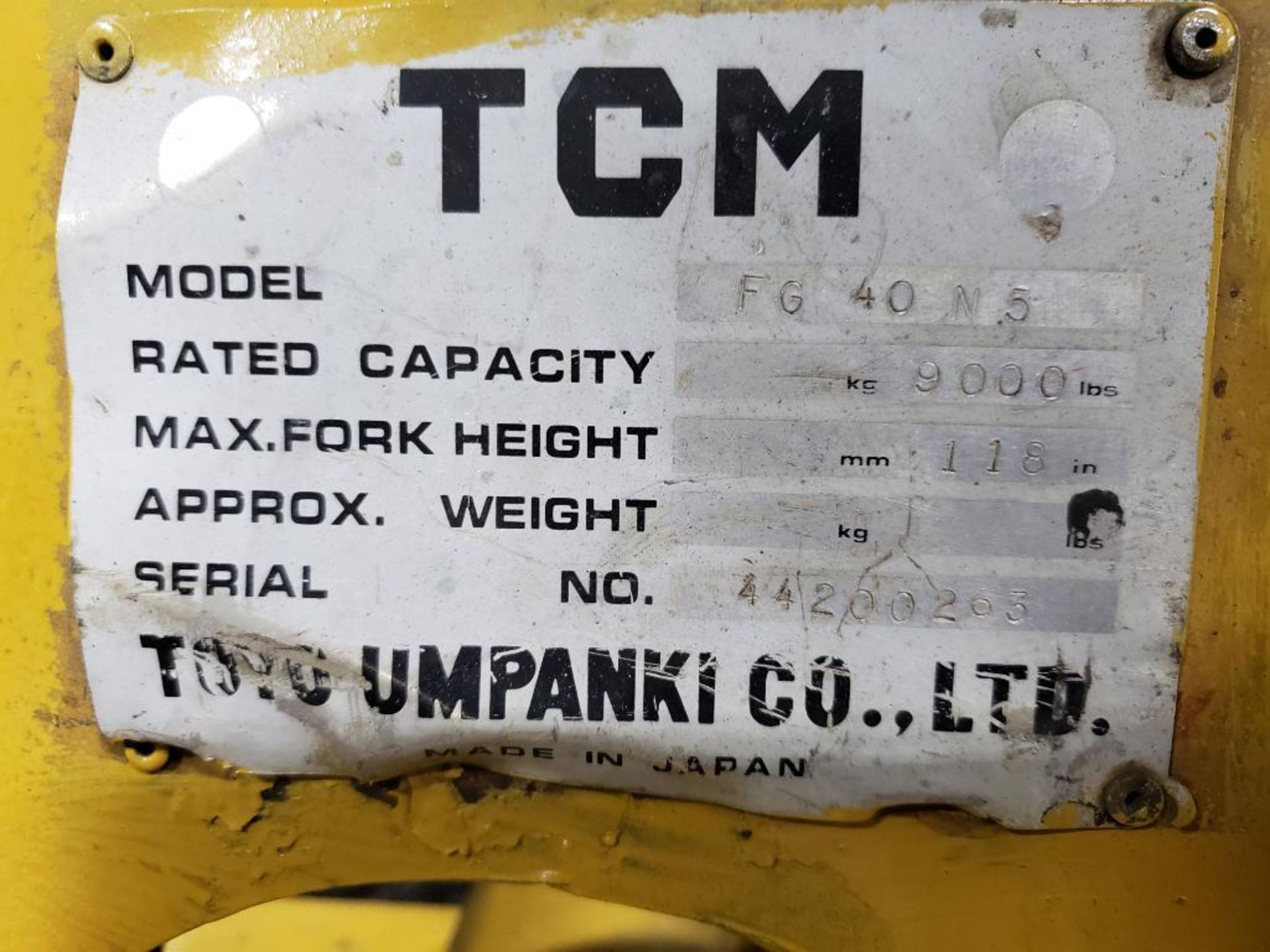 9000lb TCM propane forklift model FG40N5. 2 stage 118 inch lift height. 8168hrs showing. - Bild 12 aus 12