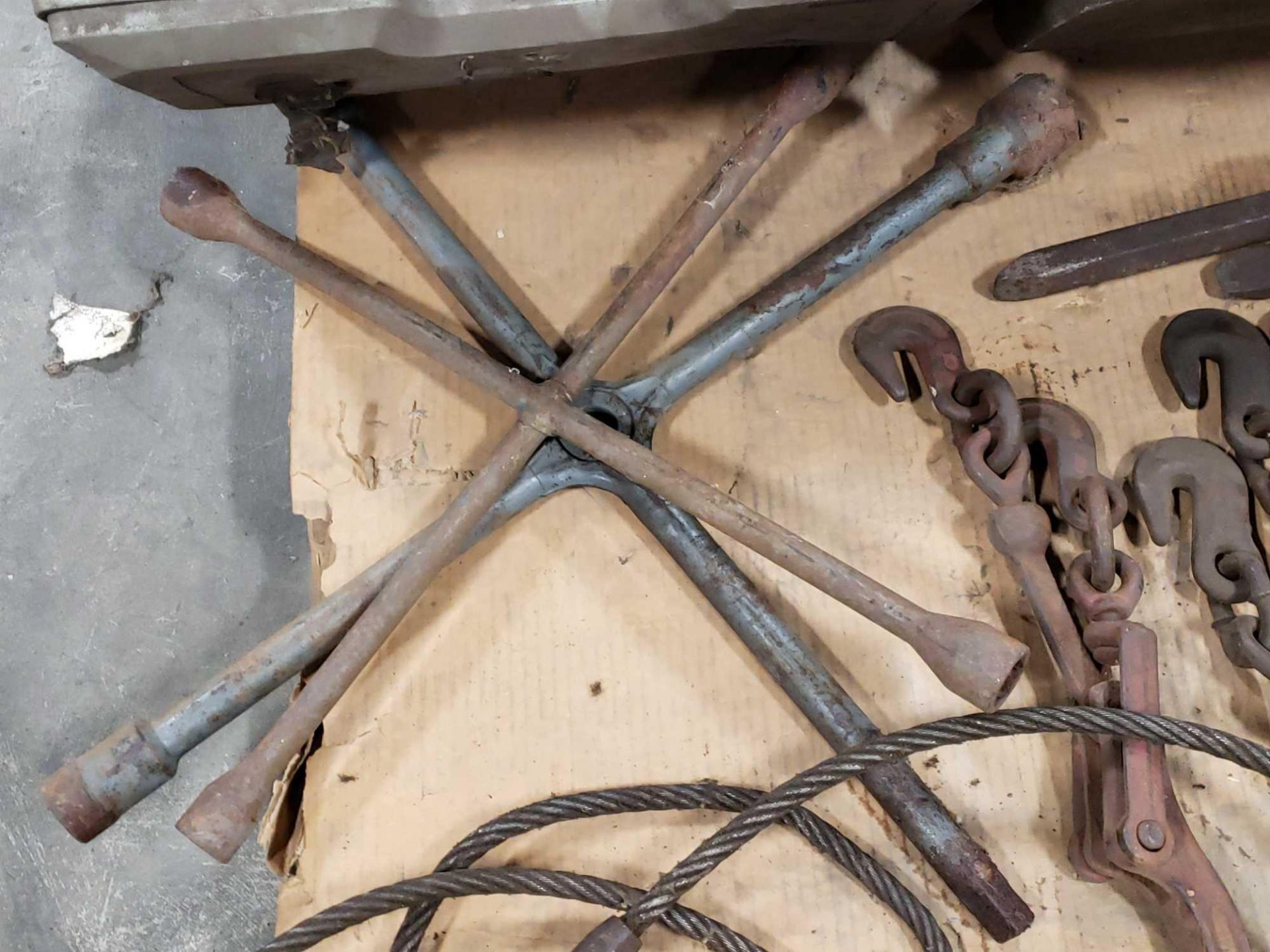 Assorted chain binders, 4 way lug wrenches, and chisels. - Image 4 of 5