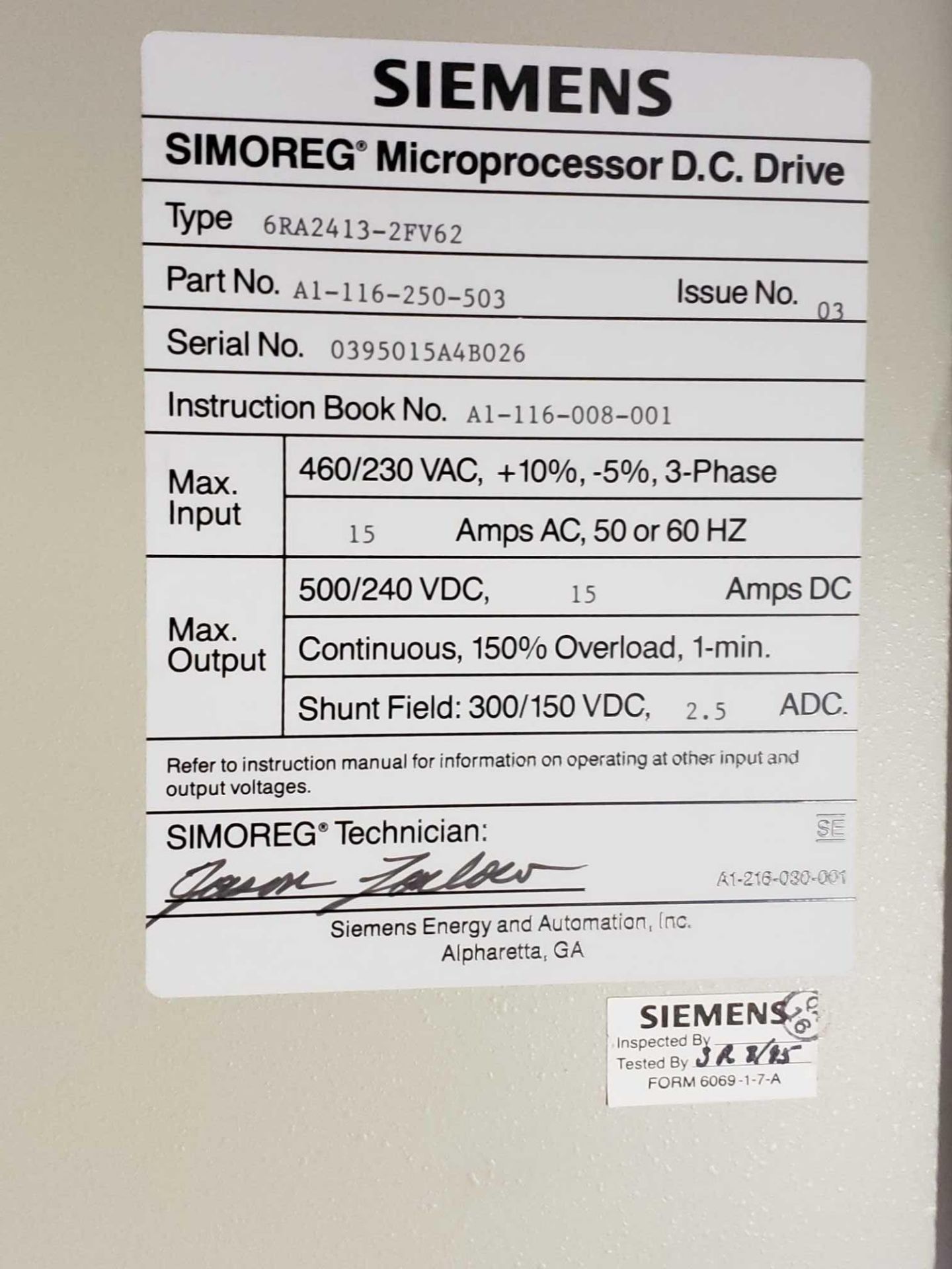 Siemens Simoreg Microprocessor DC drive. Type 6RA2413-2FV62, part A1-116-250-503. New as pictured. - Image 3 of 5