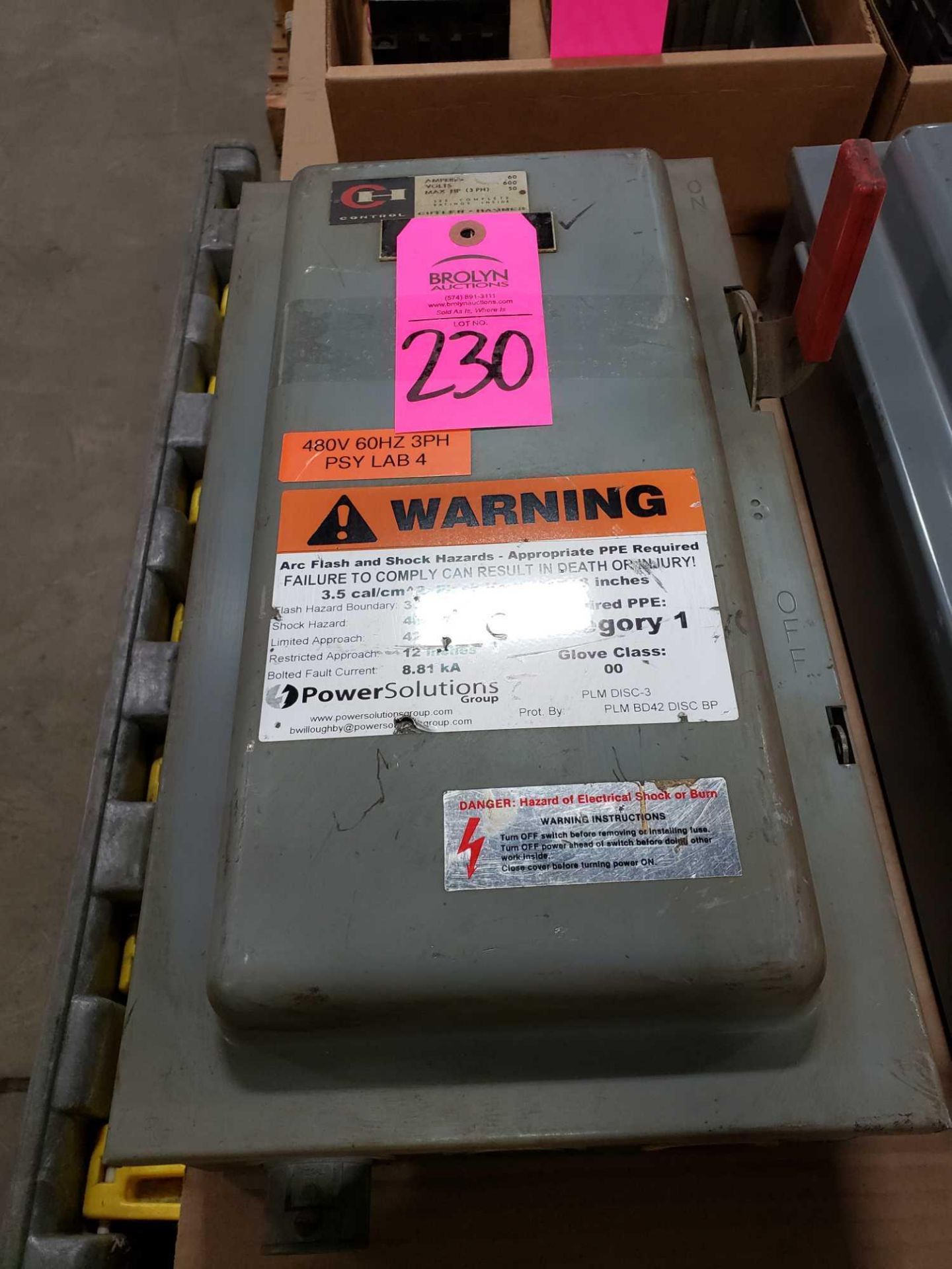 Cutler Hammer fused safety switch model 4105H312H, 60amp, 600 volt, 3 pole.