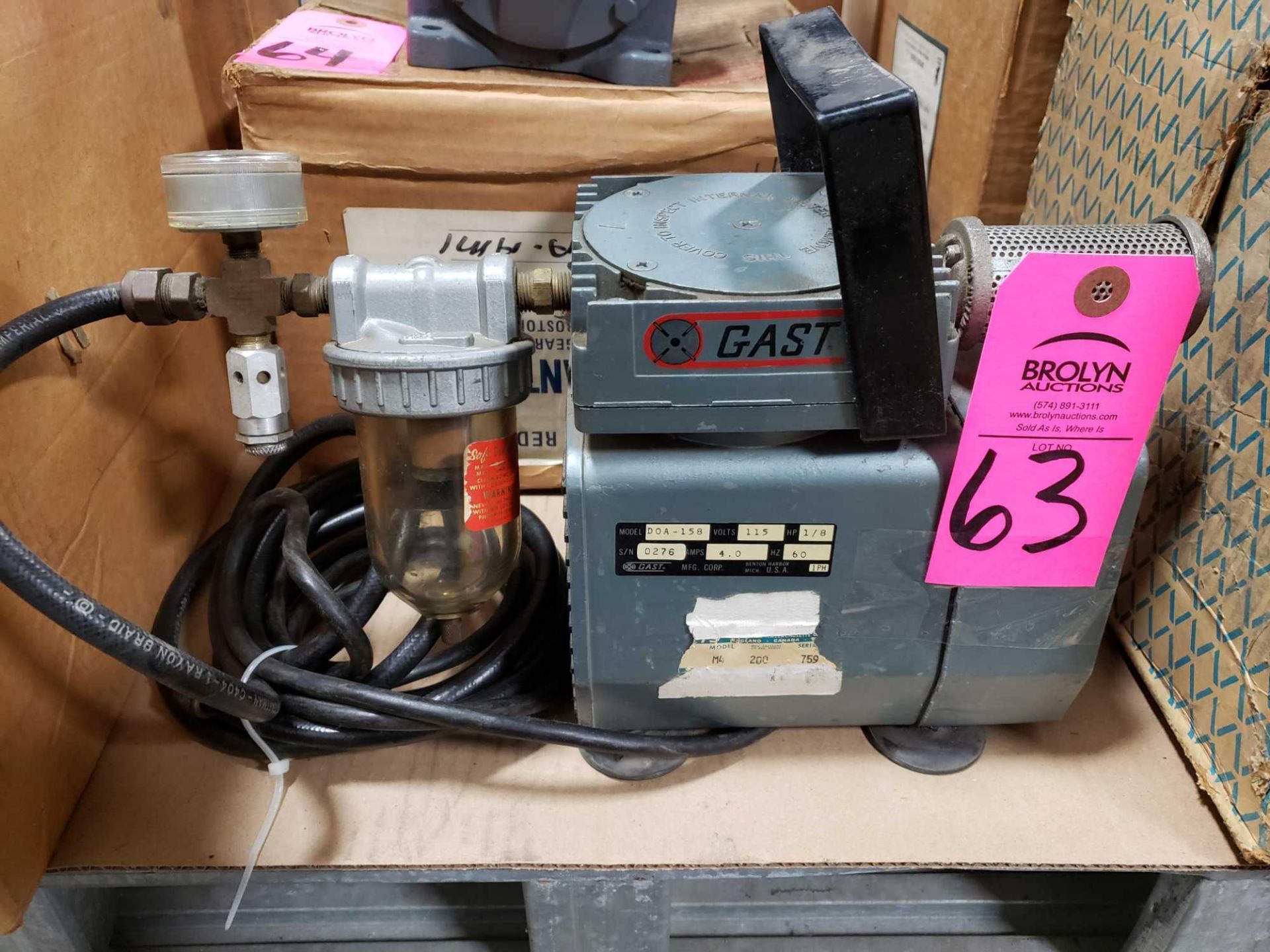 Gast model DOA-158 vacuum pump. Single phase, 115v, 1/8hp.