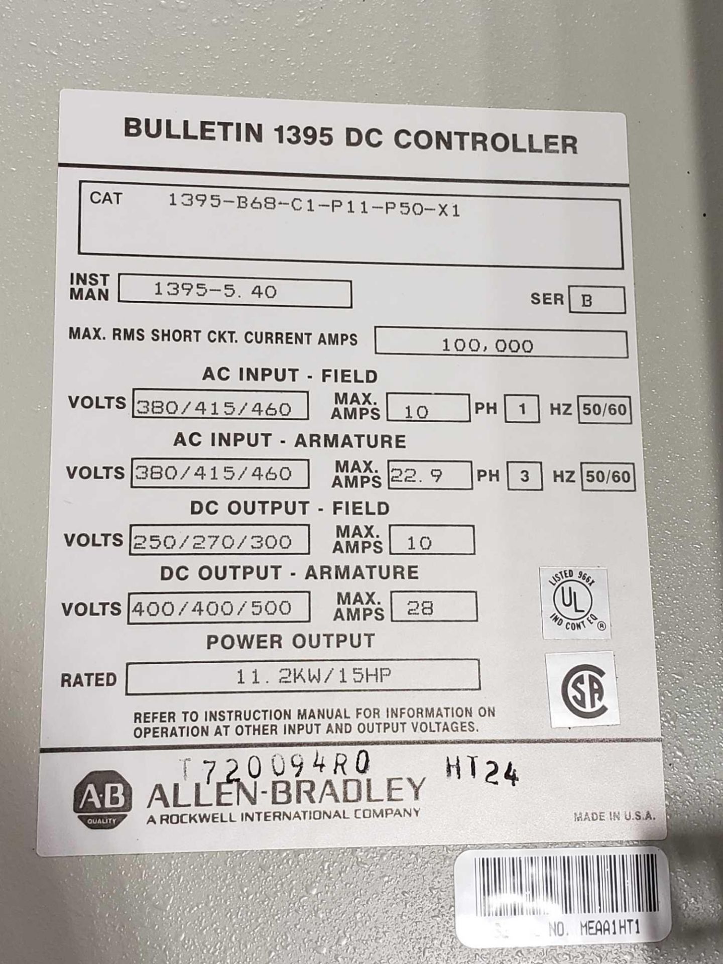 15hp Allen Bradley 1395 DC controller drive. Catalog 1395-B68-C1-P11-P50-X1. - Image 4 of 4