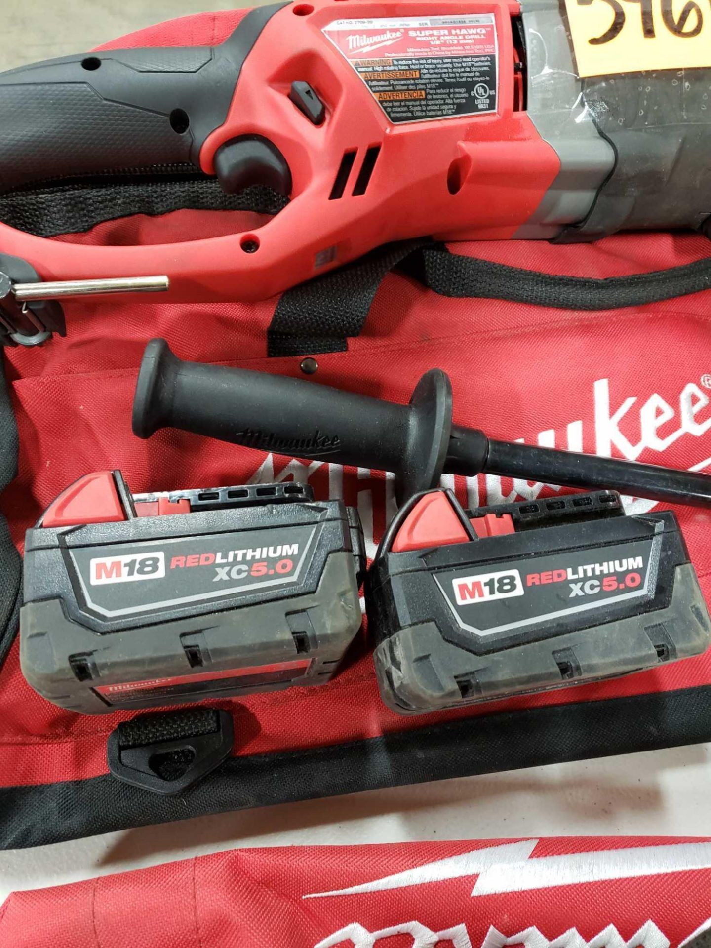 18v Milwaukee 1/2" super hawg right angle cordless drill with 2 batteries, charger, and storage bag. - Image 3 of 4