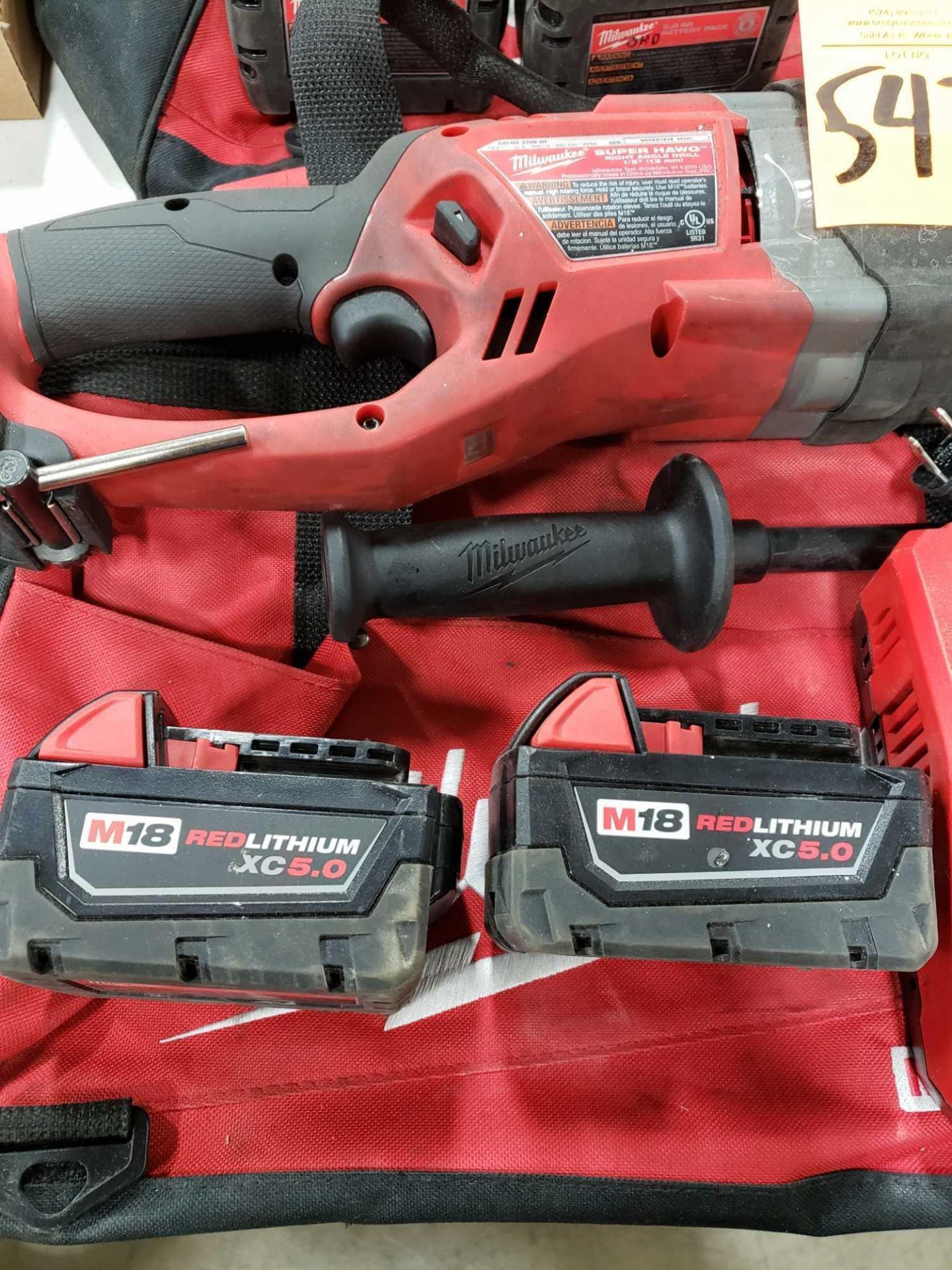 18v Milwaukee 1/2" super hawg right angle cordless drill with 2 batteries, charger, and storage bag. - Image 3 of 4