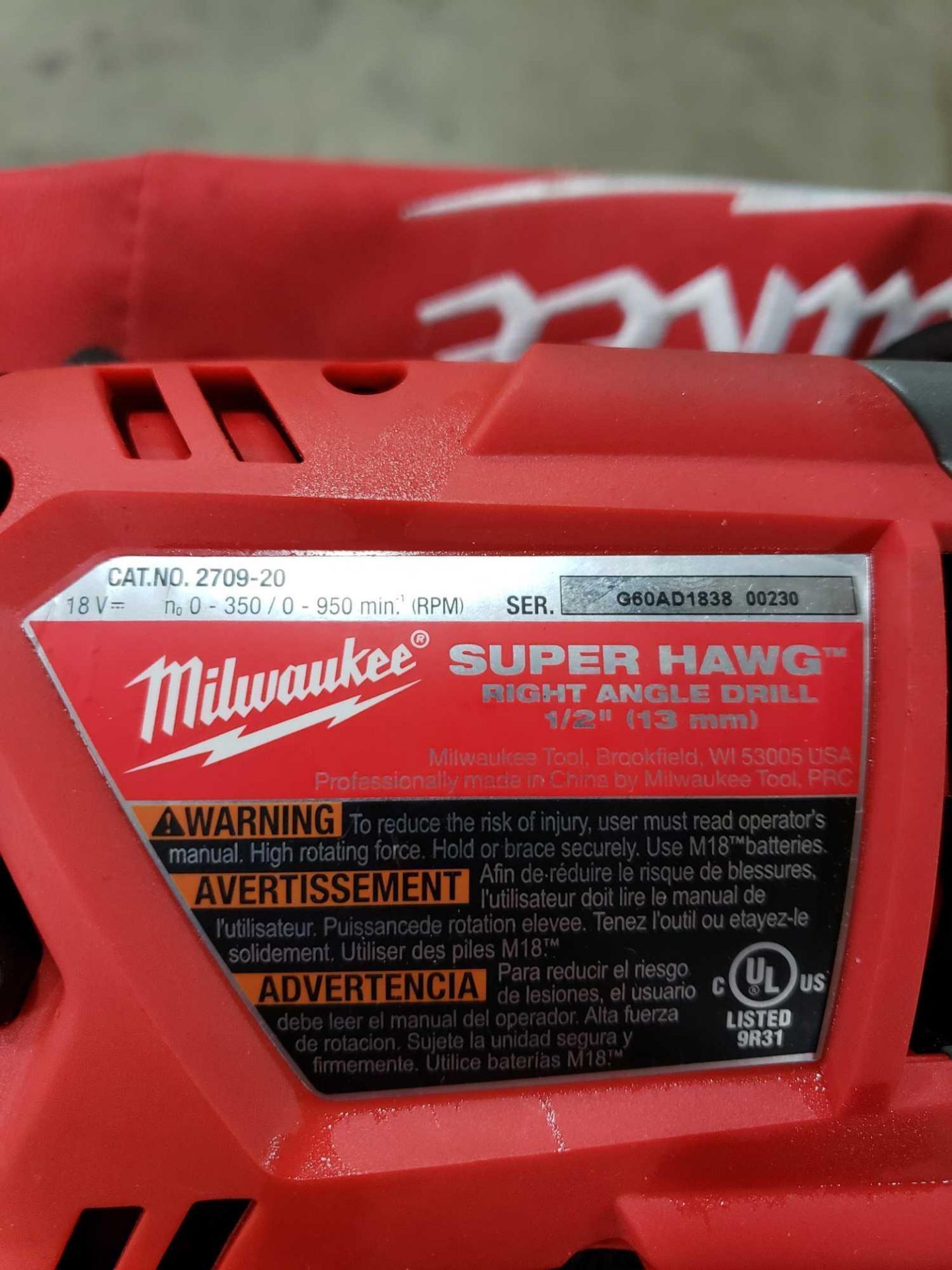 18v Milwaukee 1/2" super hawg right angle cordless drill with 2 batteries, charger, and storage bag. - Image 2 of 4