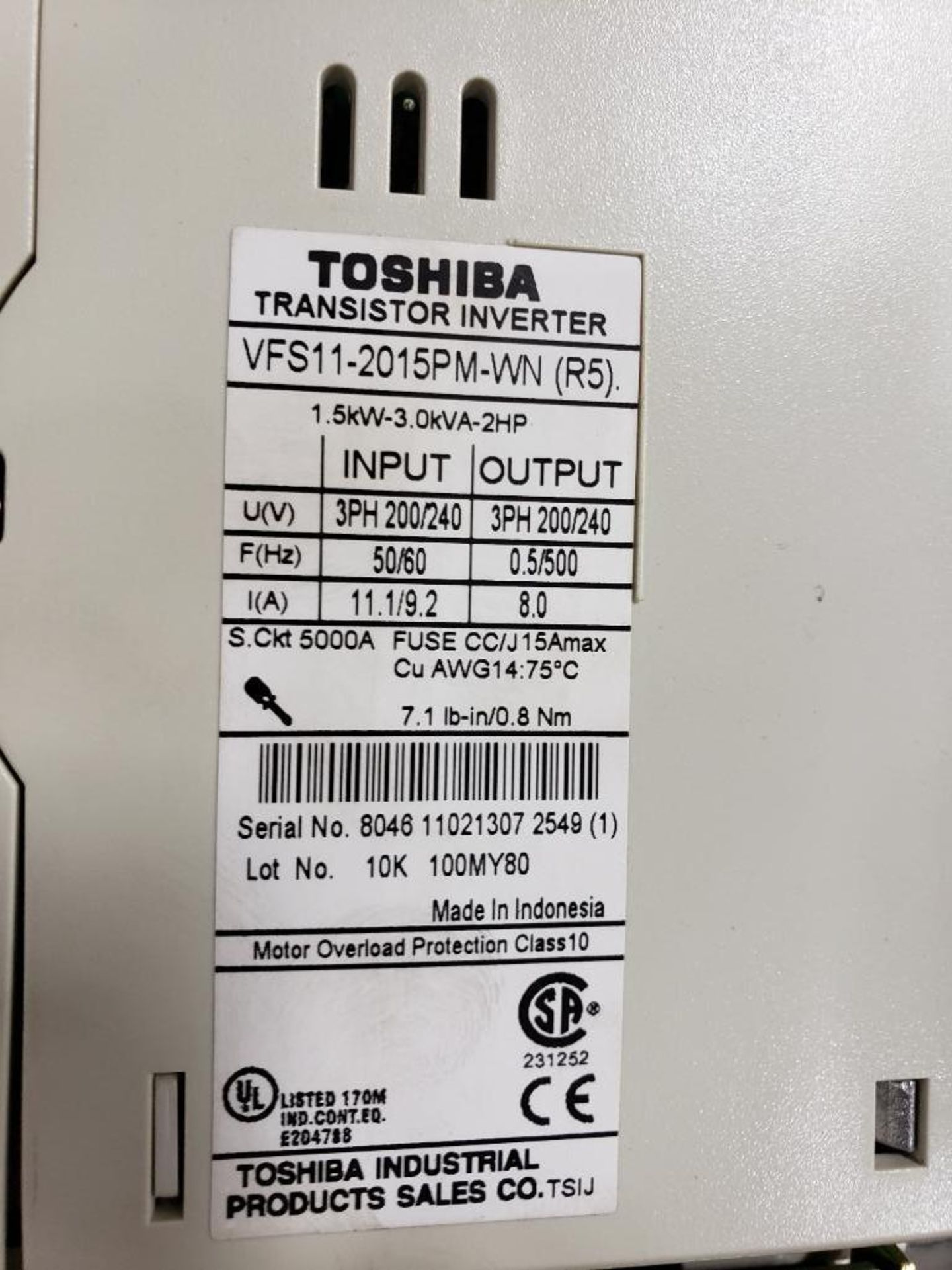 Toshiba Transistor Inverter drive model VFS11-2055PM-WN. Appears to be new old stock. - Image 3 of 3