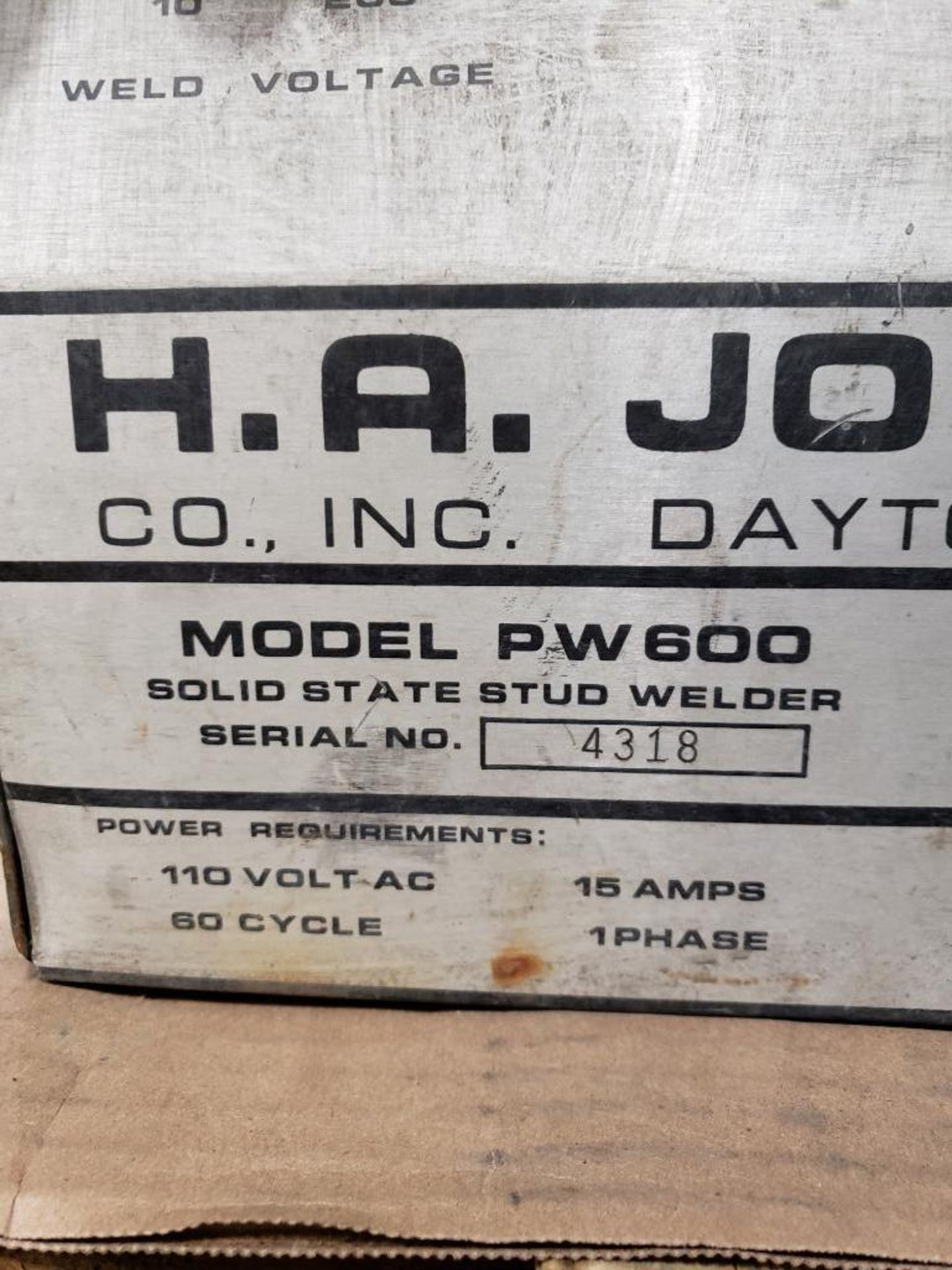H.A. Jones model PW600 stud welder. 110v single phase. - Image 4 of 5
