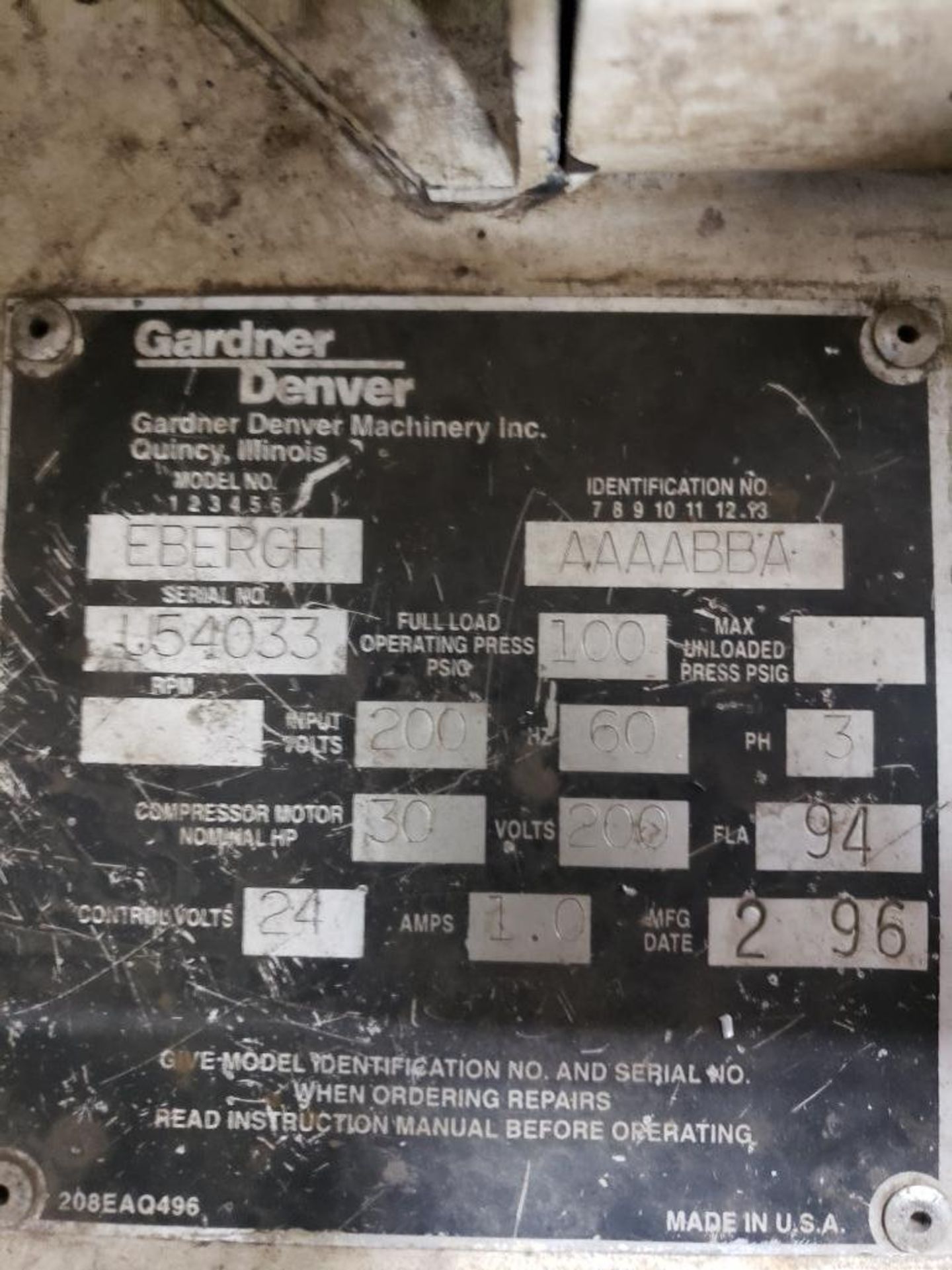 Gardner Denver 30hp compressor, 100psig operating load. 200v 3 phase. - Image 4 of 5