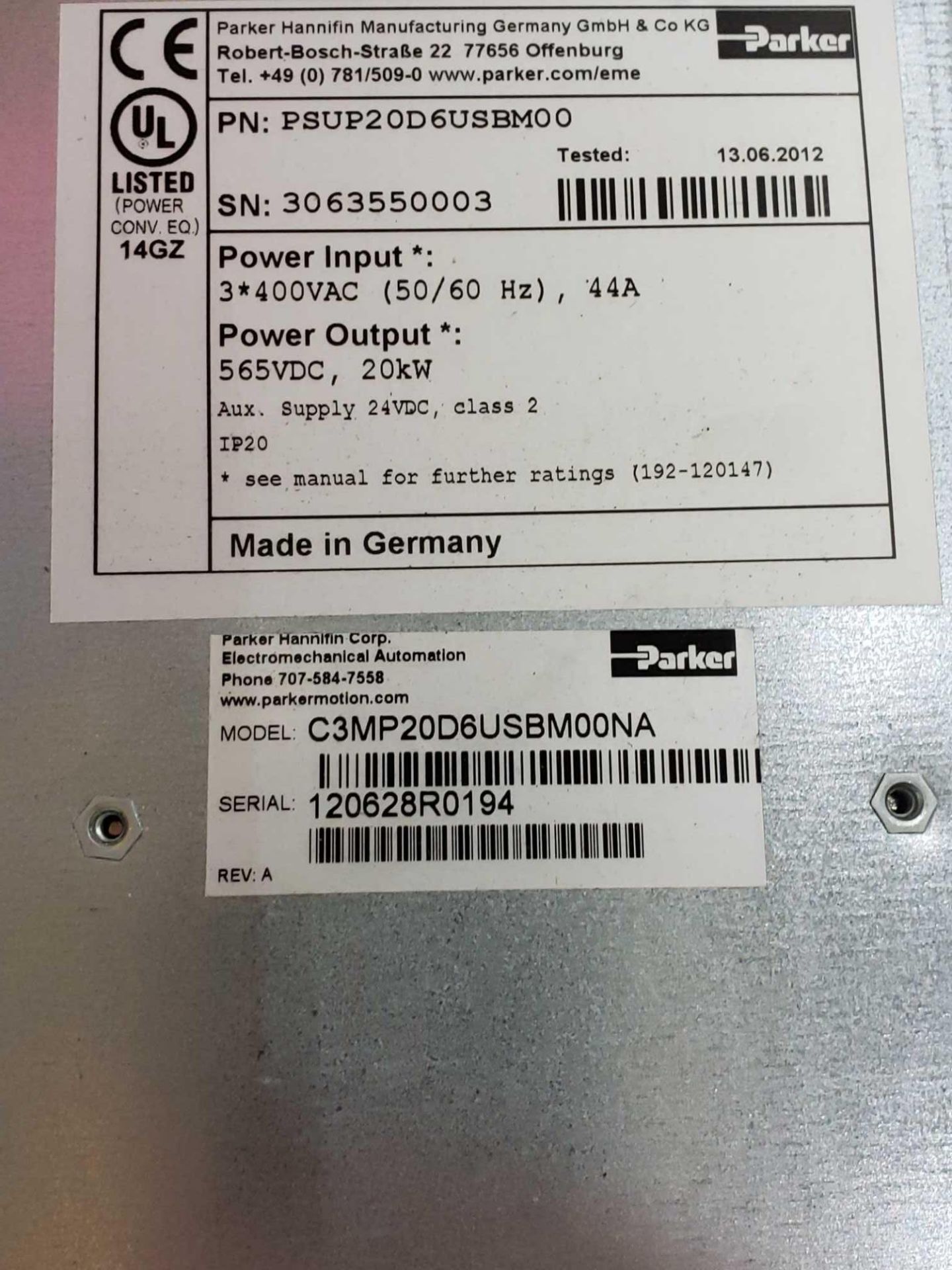 Parker PSU power supply, model C3MP20D6USBM00NA. part number PSUP20D6USBM00. New in box. . - Image 2 of 2