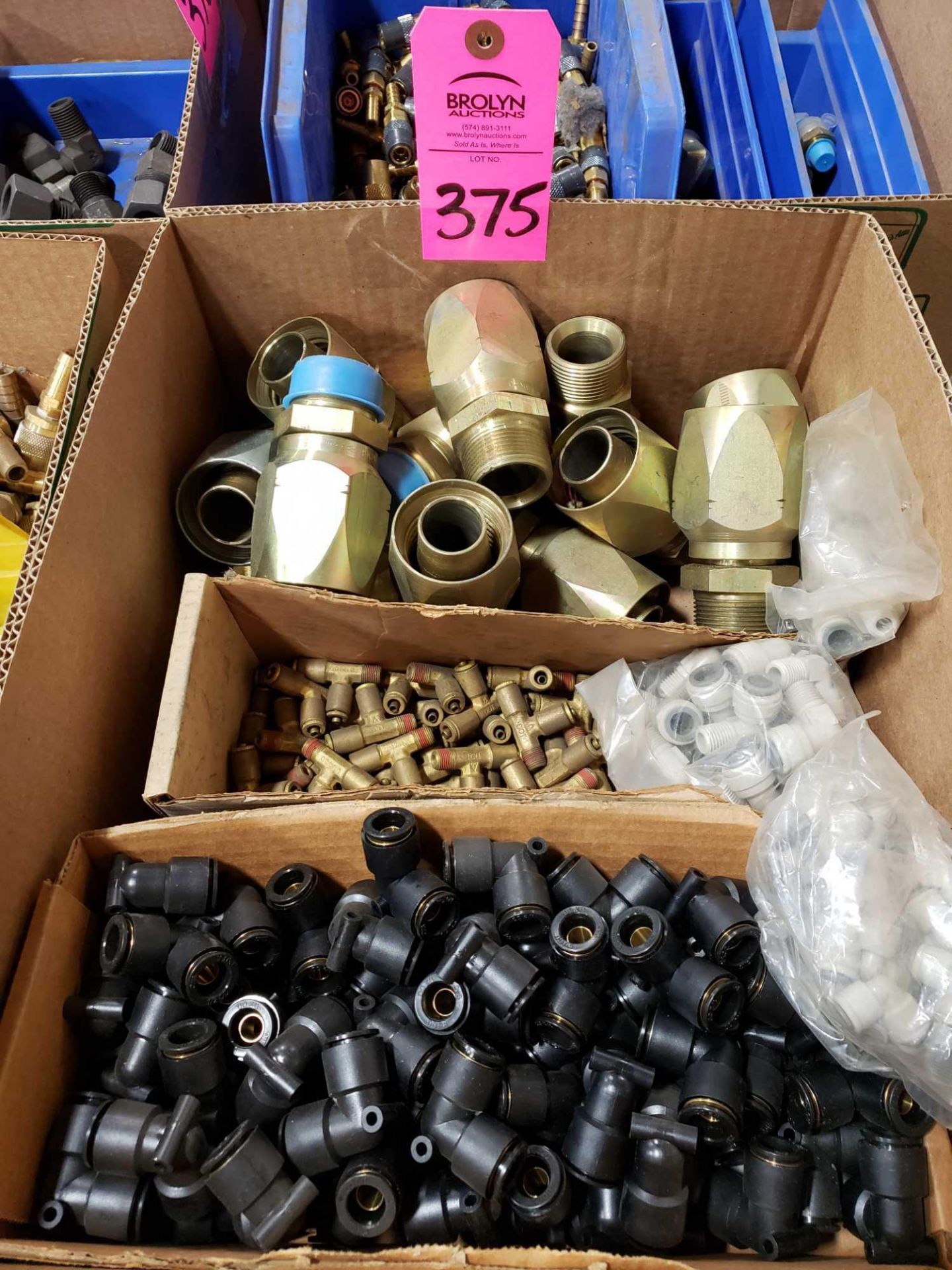 Lot of assorted hydraulic and pneumatic fittings. Some brass. New as pictured.