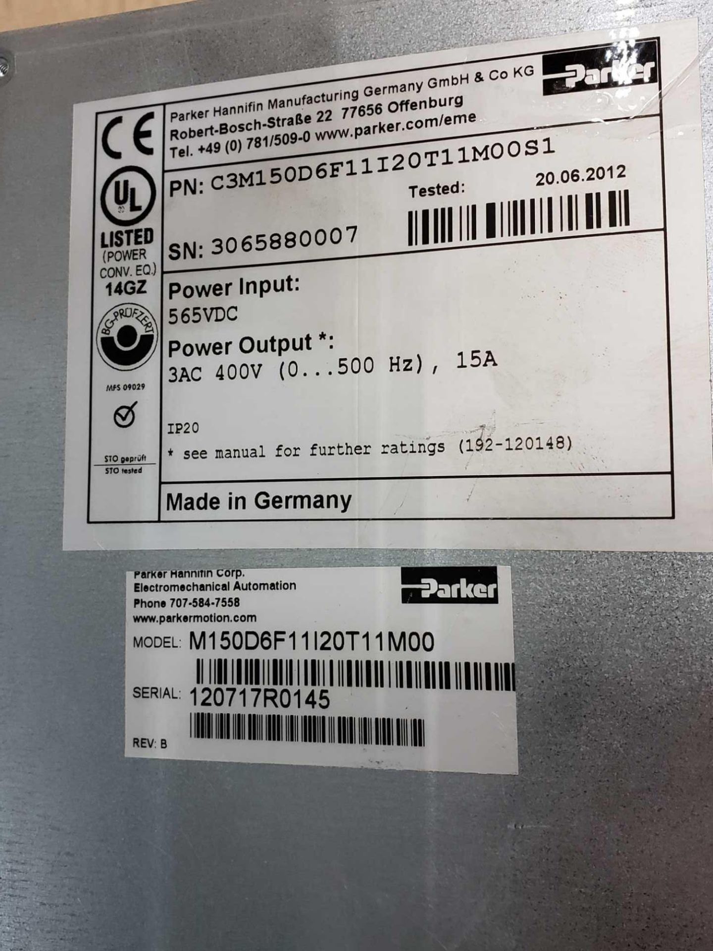 Parker Compax 3 drive, model M150D6F11I20T11M00. part number C3M150D6F11I20T11M00S1. - Image 2 of 2