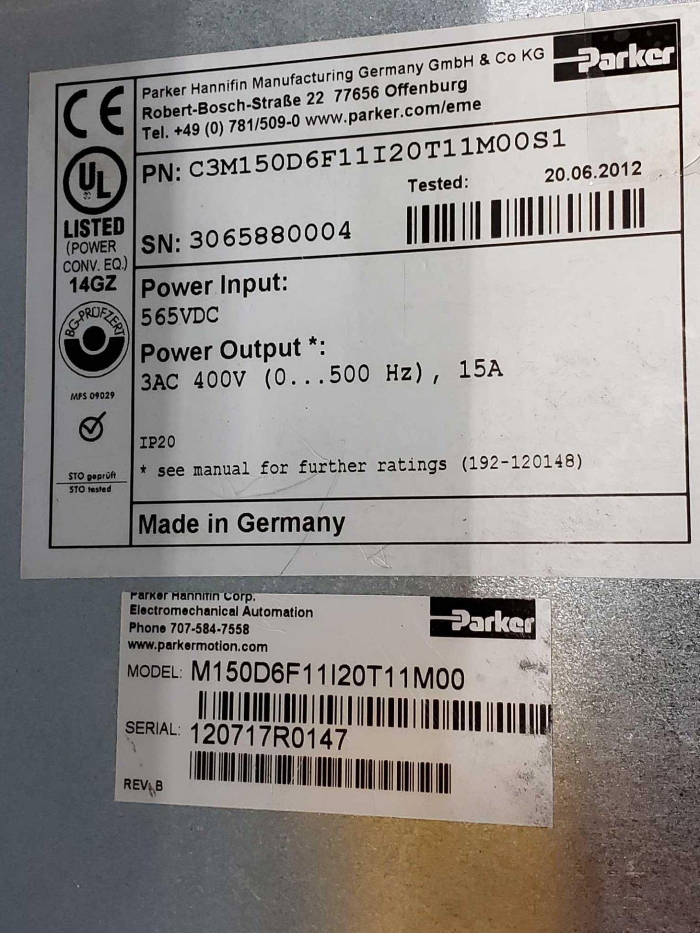 Parker Compax 3 drive, model M150D6F11I20T11M00. part number C3M150D6F11I20T11M00S1. - Image 3 of 3