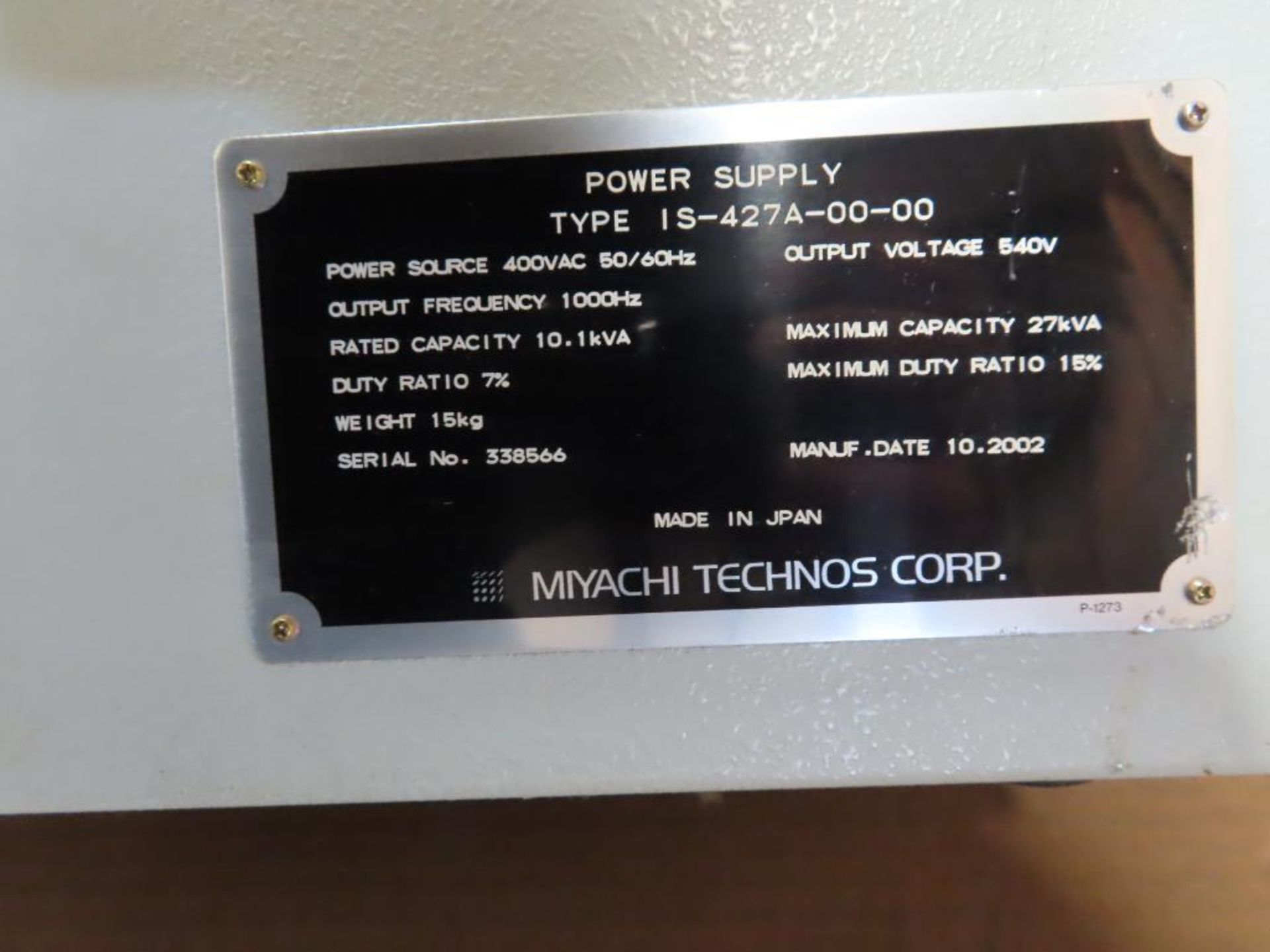 Miyachi Technos welding power supply type IS-427A-00-00, 27.1kVA max, 540v output. - Image 2 of 3