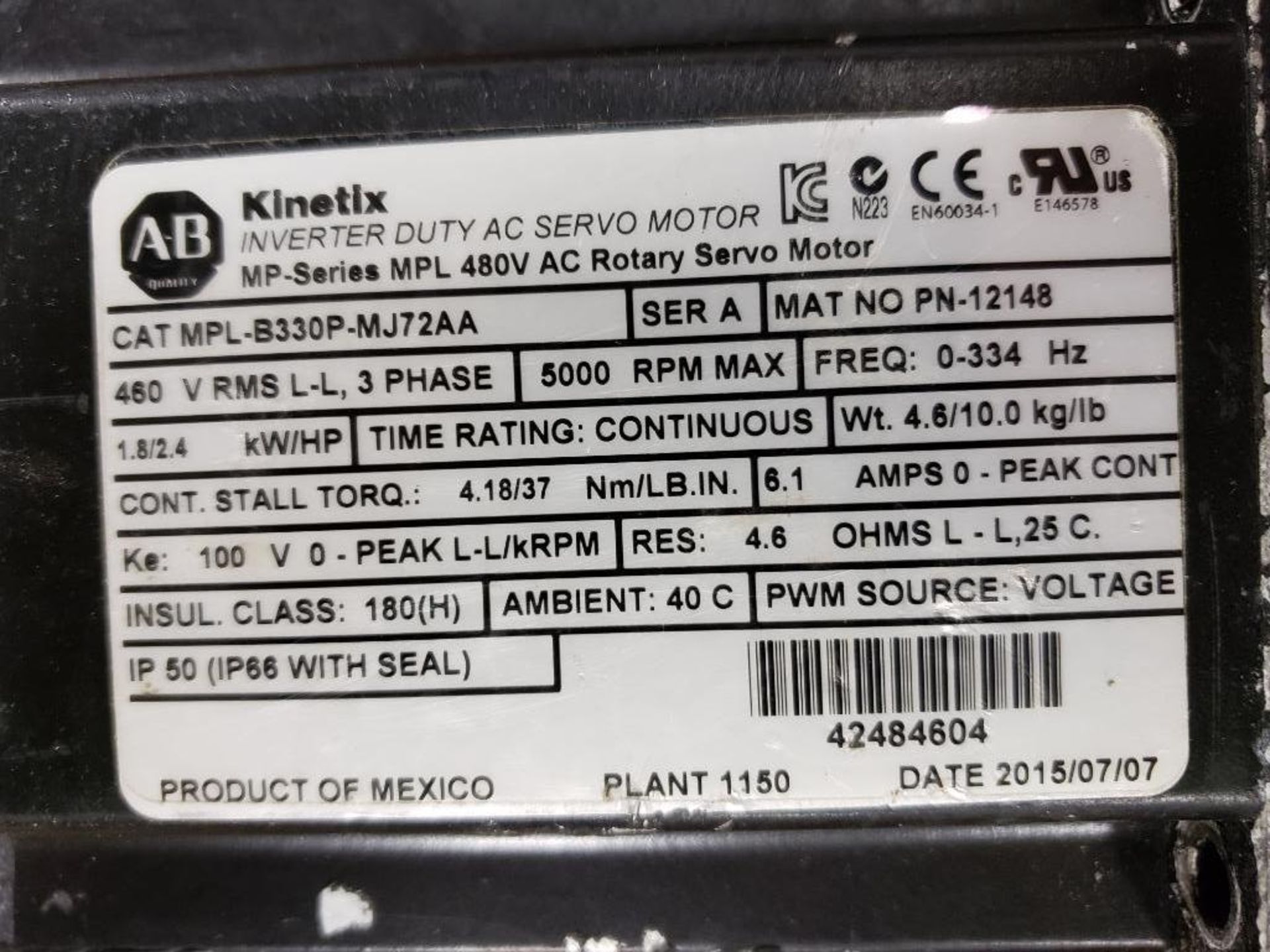 Allen Bradley Kinetix Inverter Duty AC servo motor. Catalog MPL-B330P-MJ72AA. - Image 3 of 3