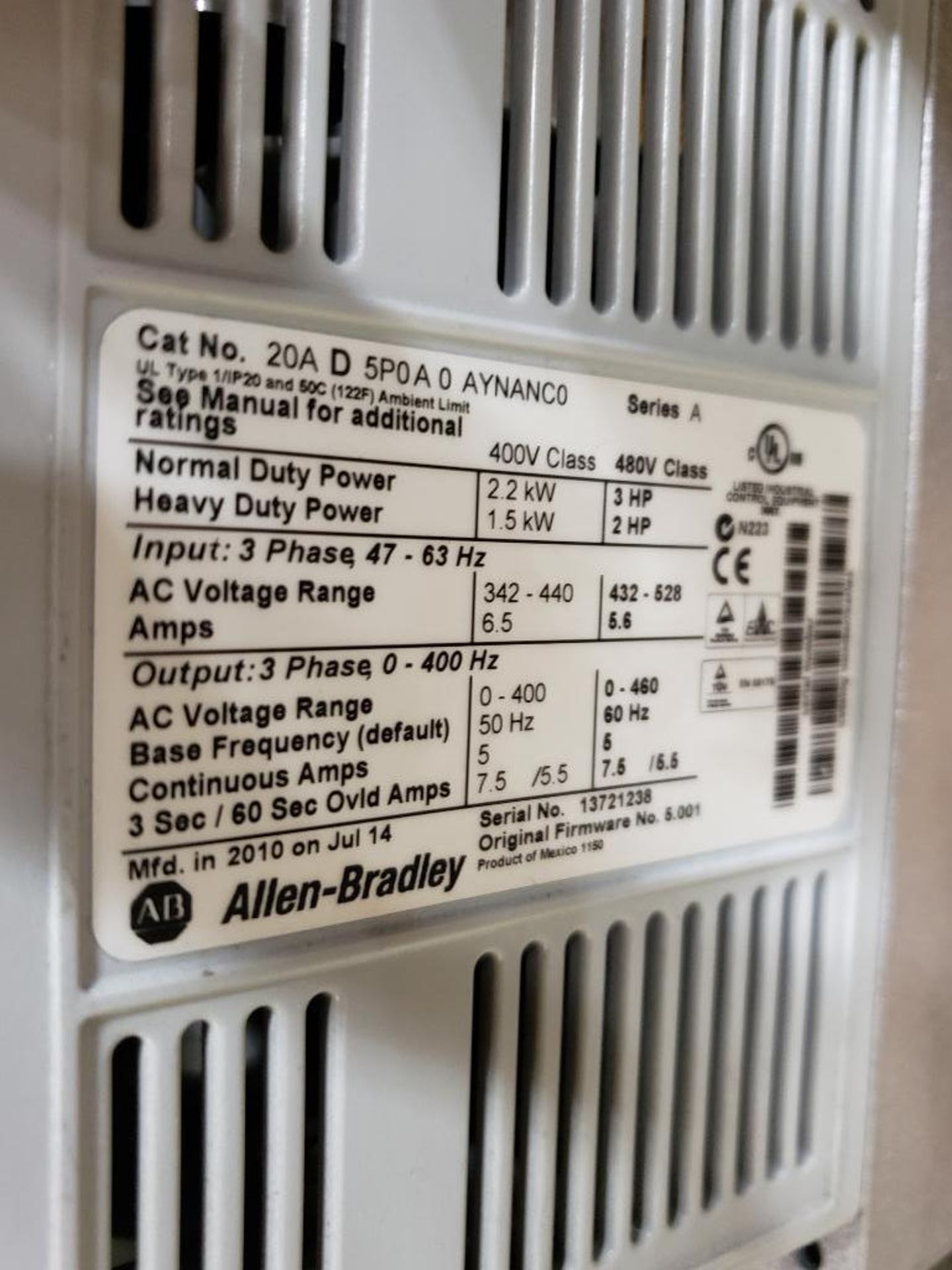 Allen Bradley Powerflex 70 drive. Catalog number 20A-D-5P0A0-AYNANC0. .