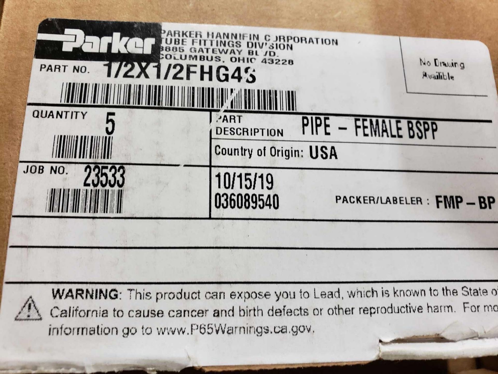 Qty 15 - Parker part number 1/2x1/2/FHG4S. New in box. - Image 3 of 4