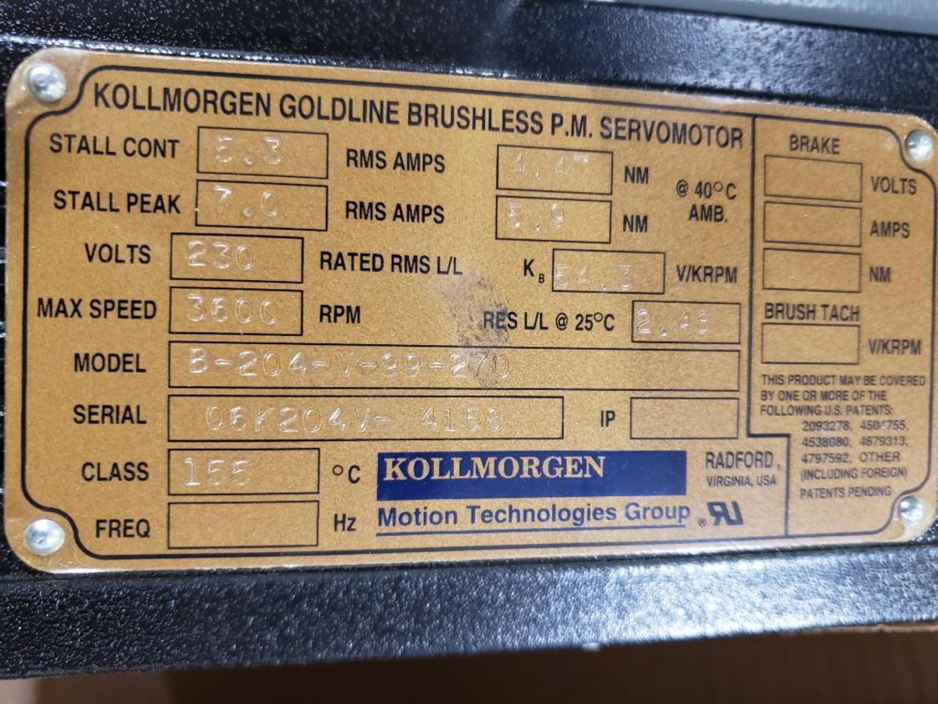 Kollmorgen brushless servo motor model B-204-V-99-270. - Image 2 of 3