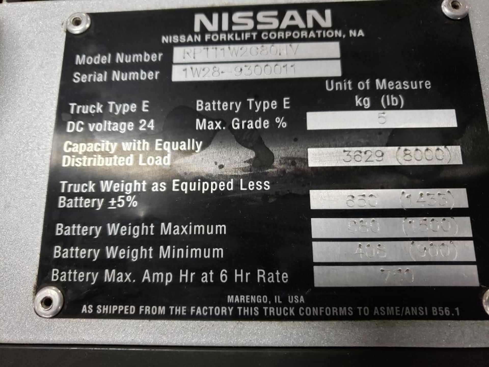 8000lb cap. Nissan 24 volt ride on power pallet jack. 143 hr. Model RPTT1W2G80NV. Extra long forks. - Image 7 of 10