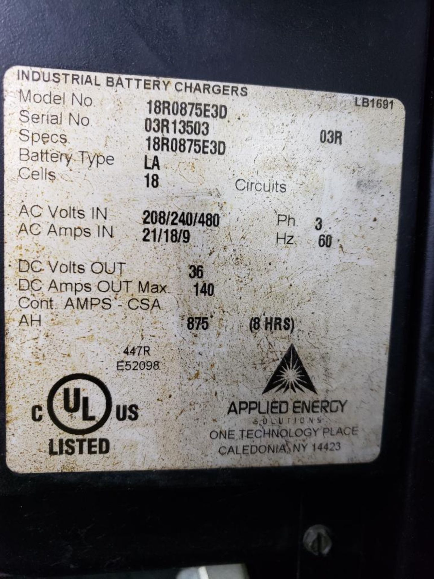 Applied Energy Industrial battery charger. 36 volt, 875ah, 208/240/480v 3 phase input. - Image 2 of 3