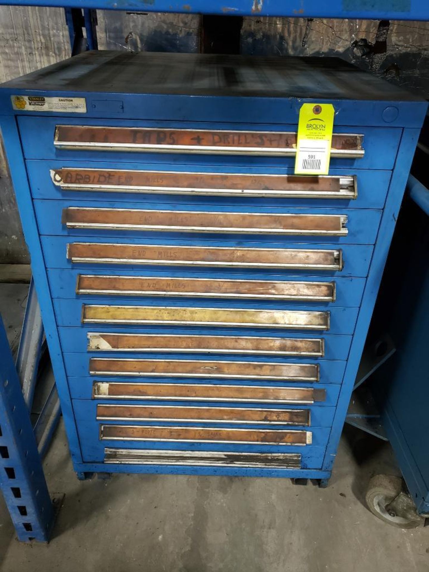 12 drawer Stanley Vidmar tool cabinet. Overall dimensions 30w x 27.5d x 44.5h.