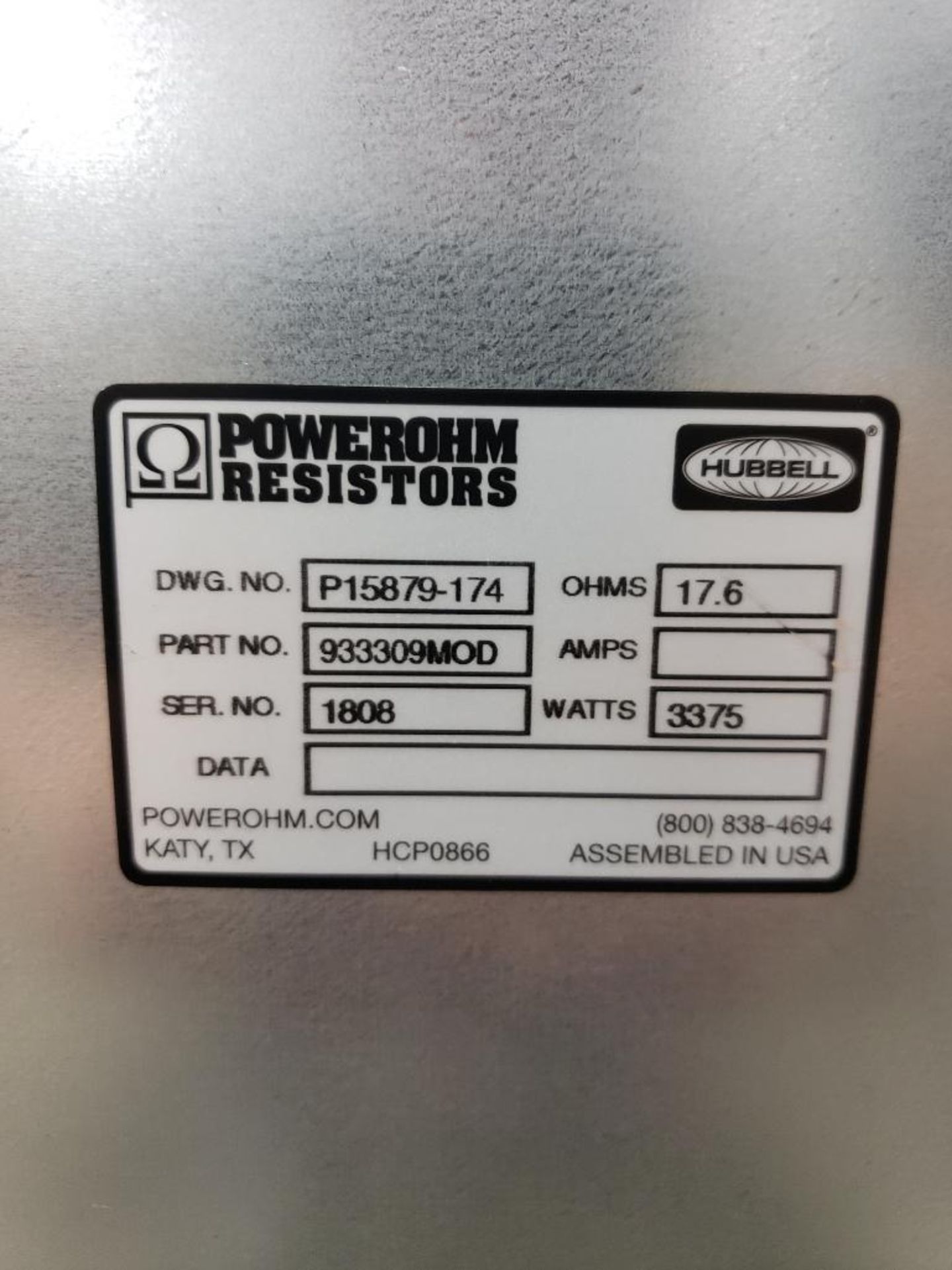 Powerohm Resistors Inc Hubbell 3375 watt brake. 17.5ohm. Part number 933309MOD. New. - Image 2 of 2