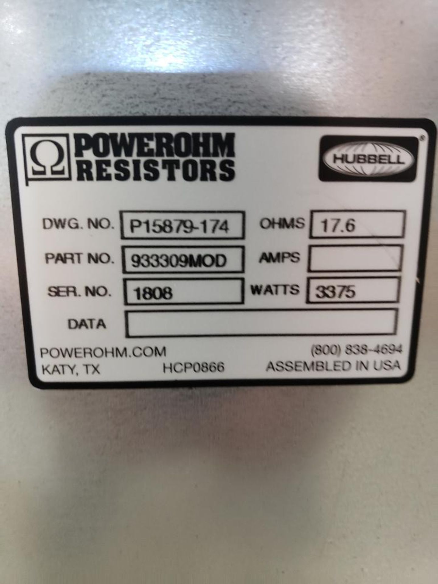 Powerohm Resistors Inc Hubbell 3375 watt brake. 17.5ohm. Part number 933309MOD. New. - Image 2 of 2