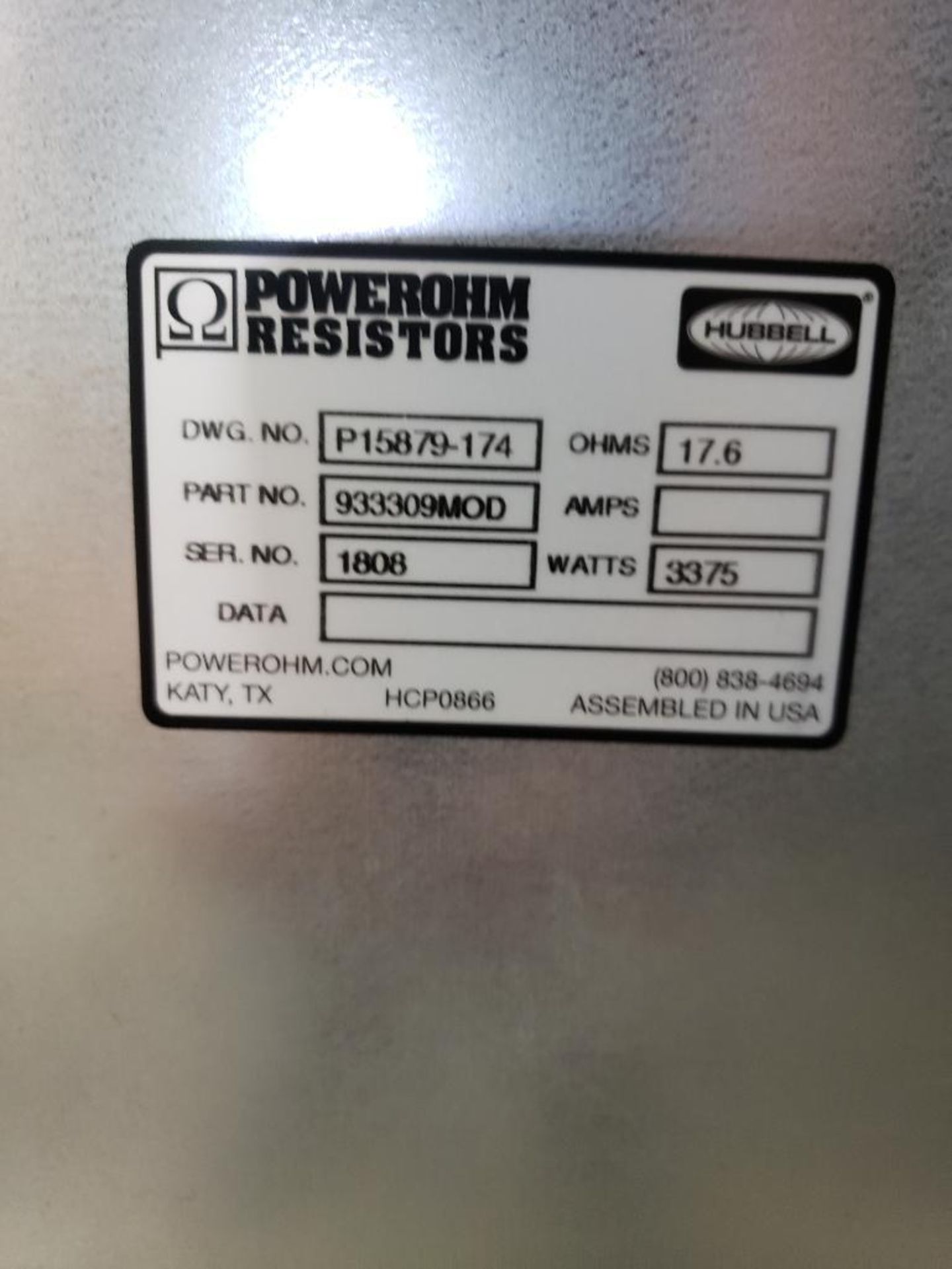Powerohm Resistors Inc Hubbell 3375 watt brake. 17.5ohm. Part number 933309MOD. New. - Image 2 of 2