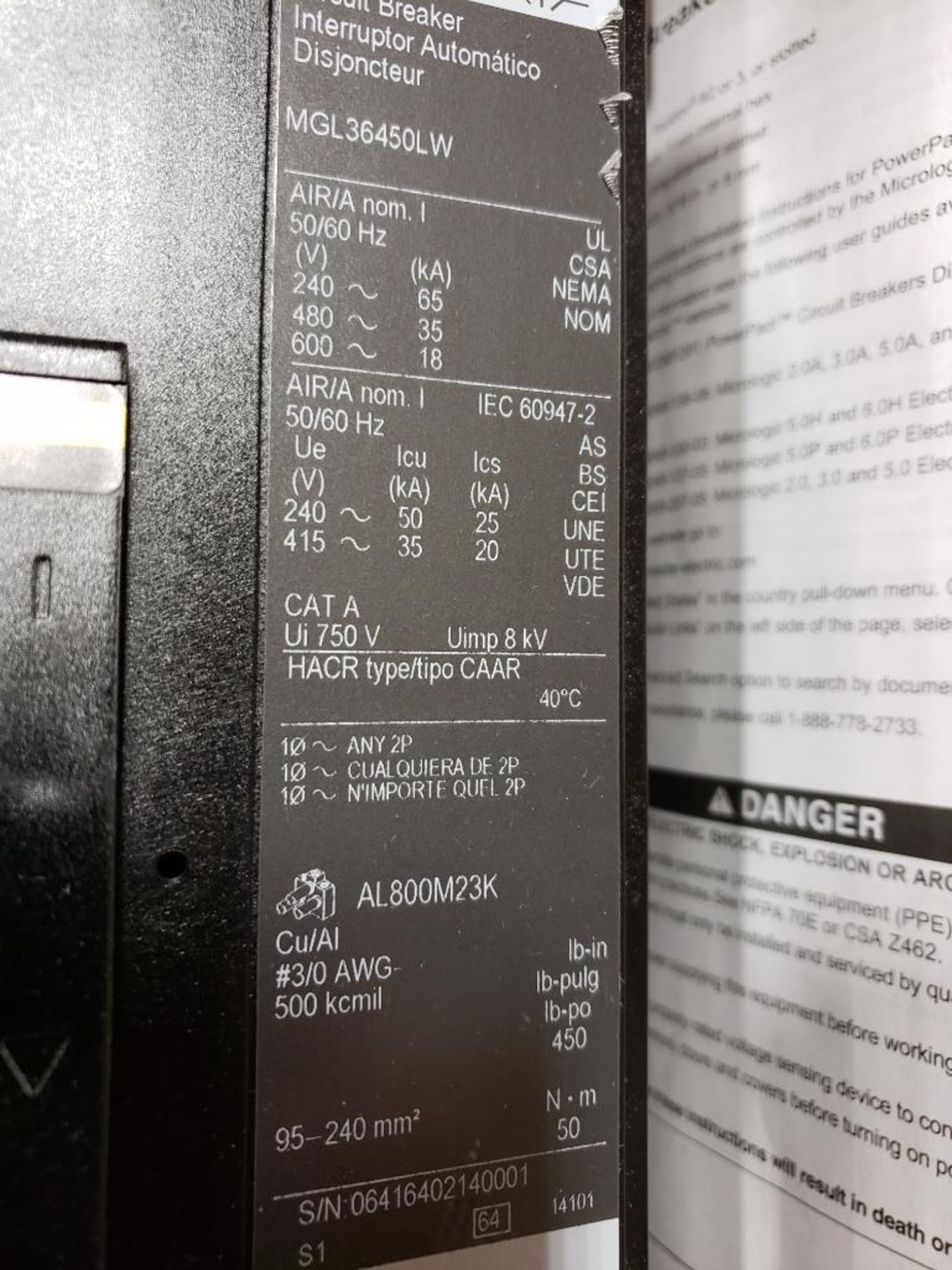 Square D PowerPact breaker. 450 amp 3 phase. Model MGL36450LW. New in box. - Image 4 of 5