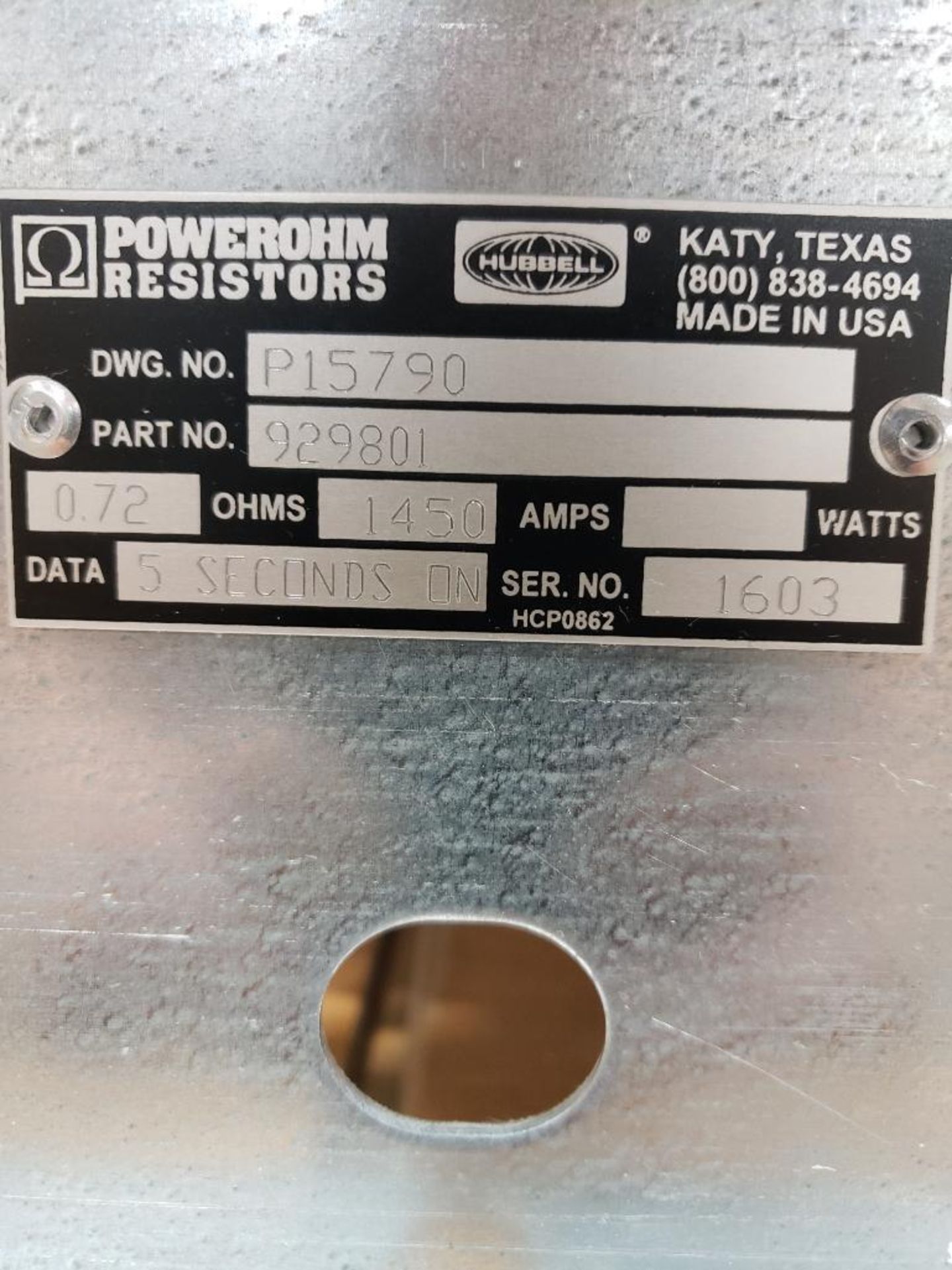 Powerohm Resistors Inc Hubbell 1450 watt brake. .72ohm. Part number 929801. New. - Image 2 of 3