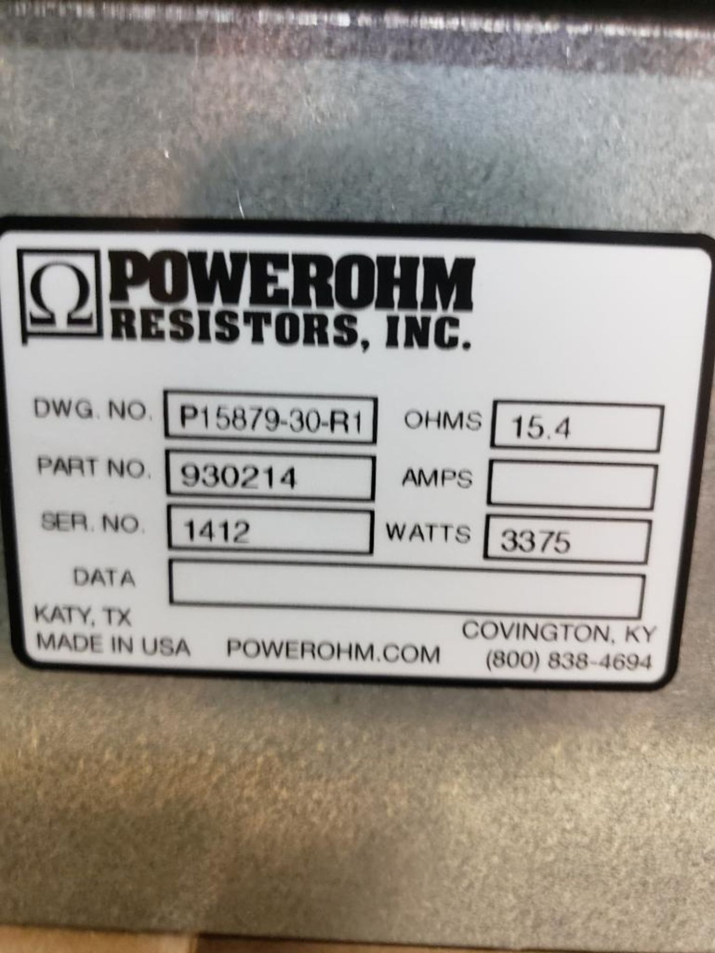 Powerohm Resistors Inc Hubbell 3375watt brake. 15.4ohm. Part number 930214. New. - Image 3 of 4