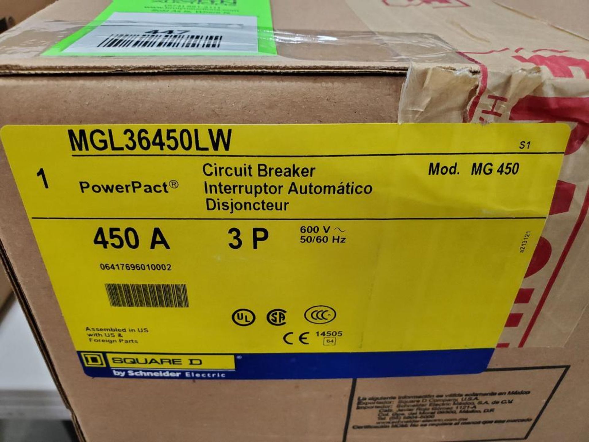 Qty 1 - Square D PowerPact circuit breaker. 450amp 3 phase. Model MGL36450LW. New in box. - Image 3 of 3