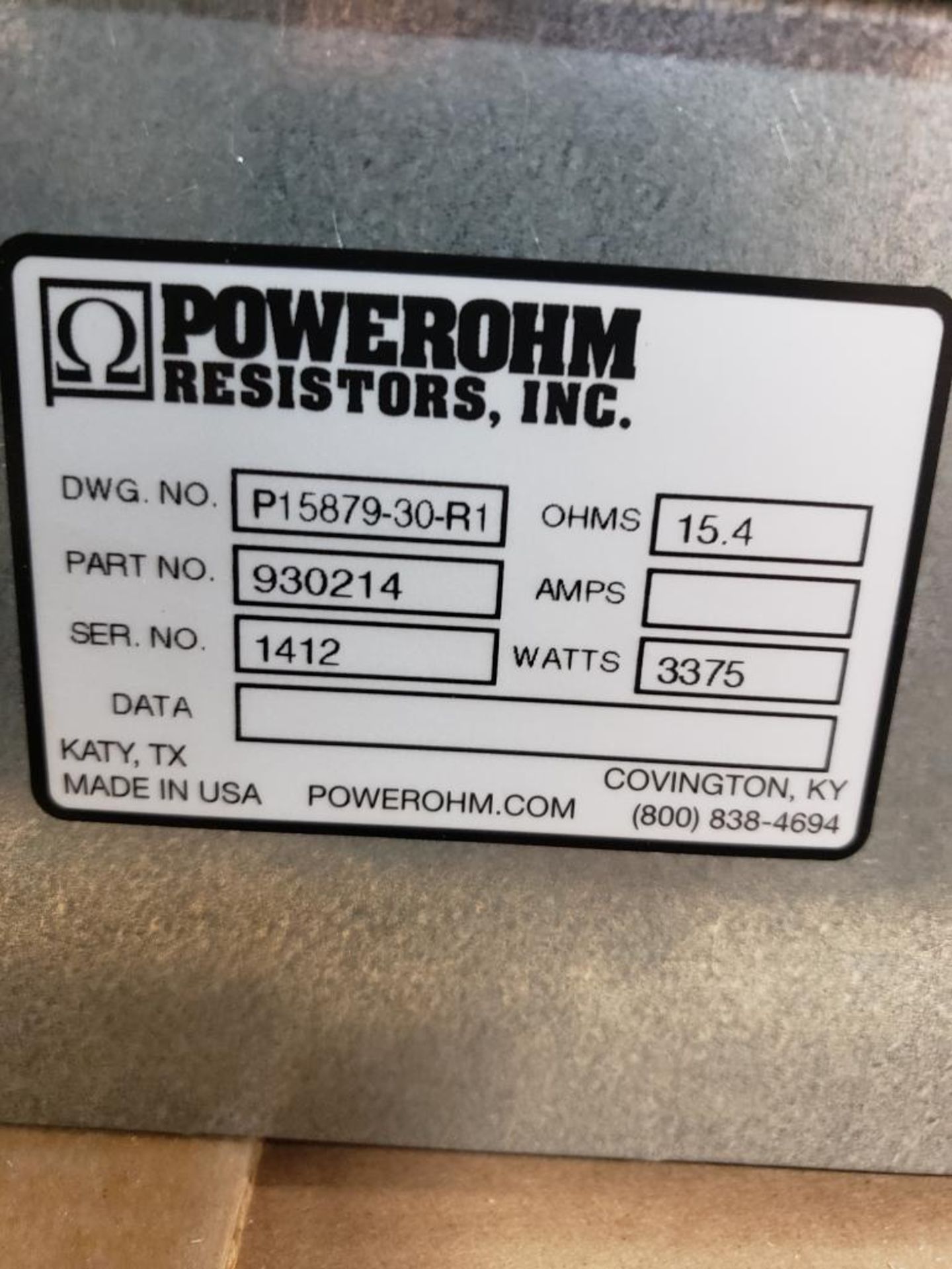 Powerohm Resistors Inc Hubbell 3375watt brake. 15.4ohm. Part number 930214. New. - Image 4 of 5
