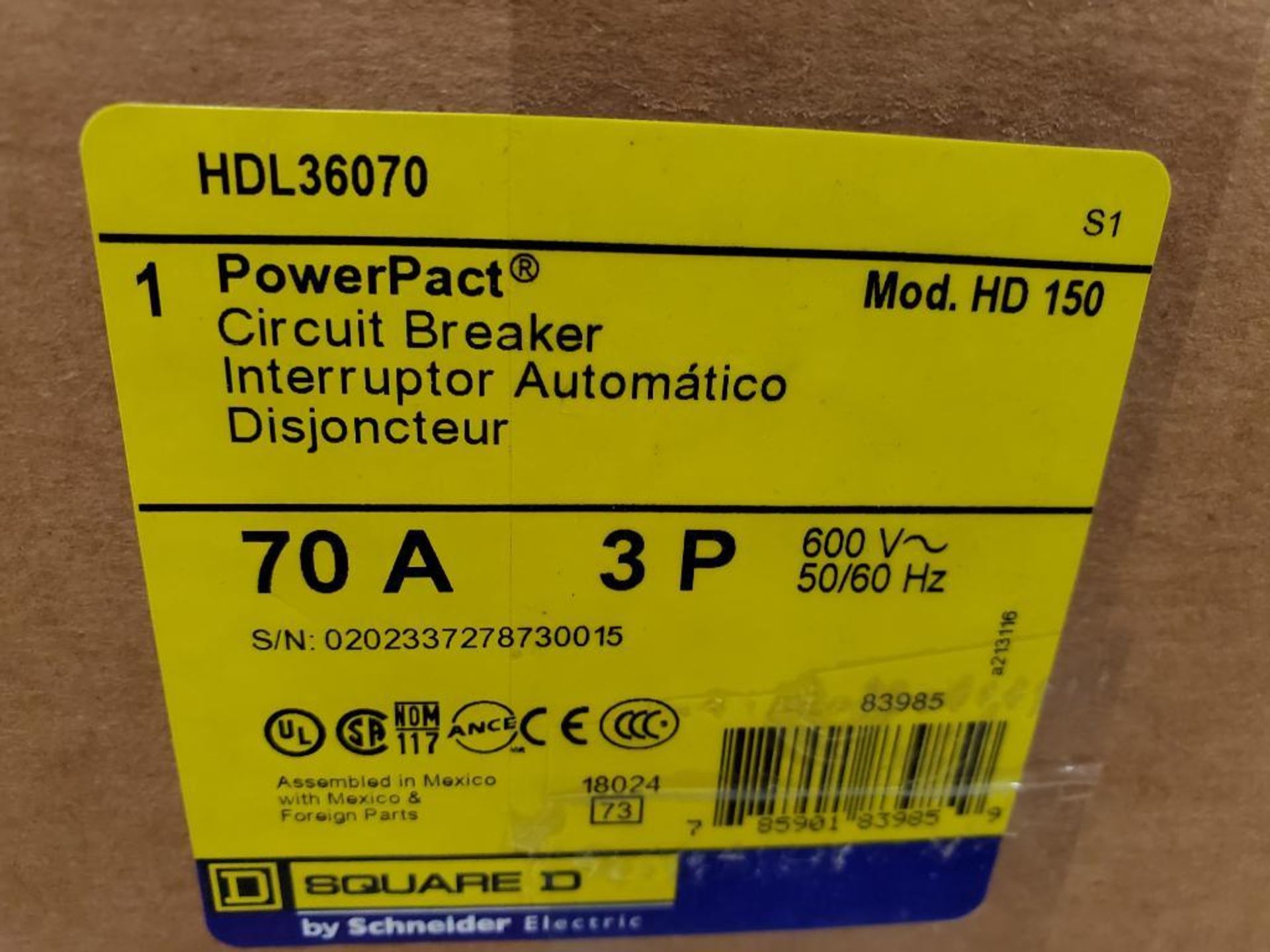 Qty 2 - Square D PowerPact circuit breaker. Model HDL36070. 70amp 3 phase. New in box. - Image 2 of 2