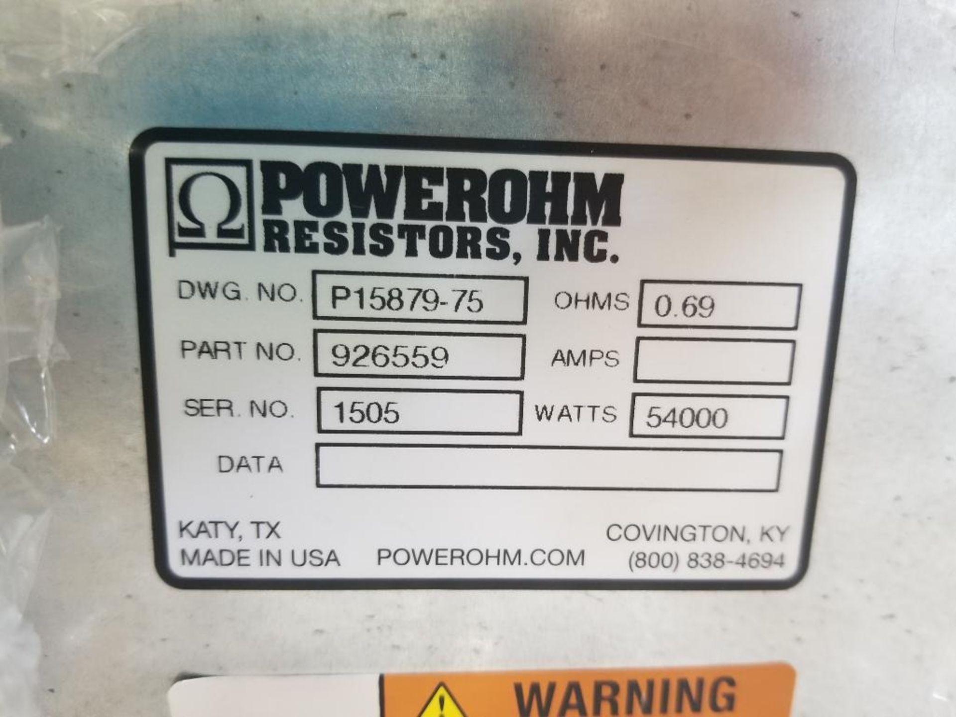 Powerohm Resistors Inc 54000watt braking module. .69ohm. Part number 926559. New. - Image 2 of 3