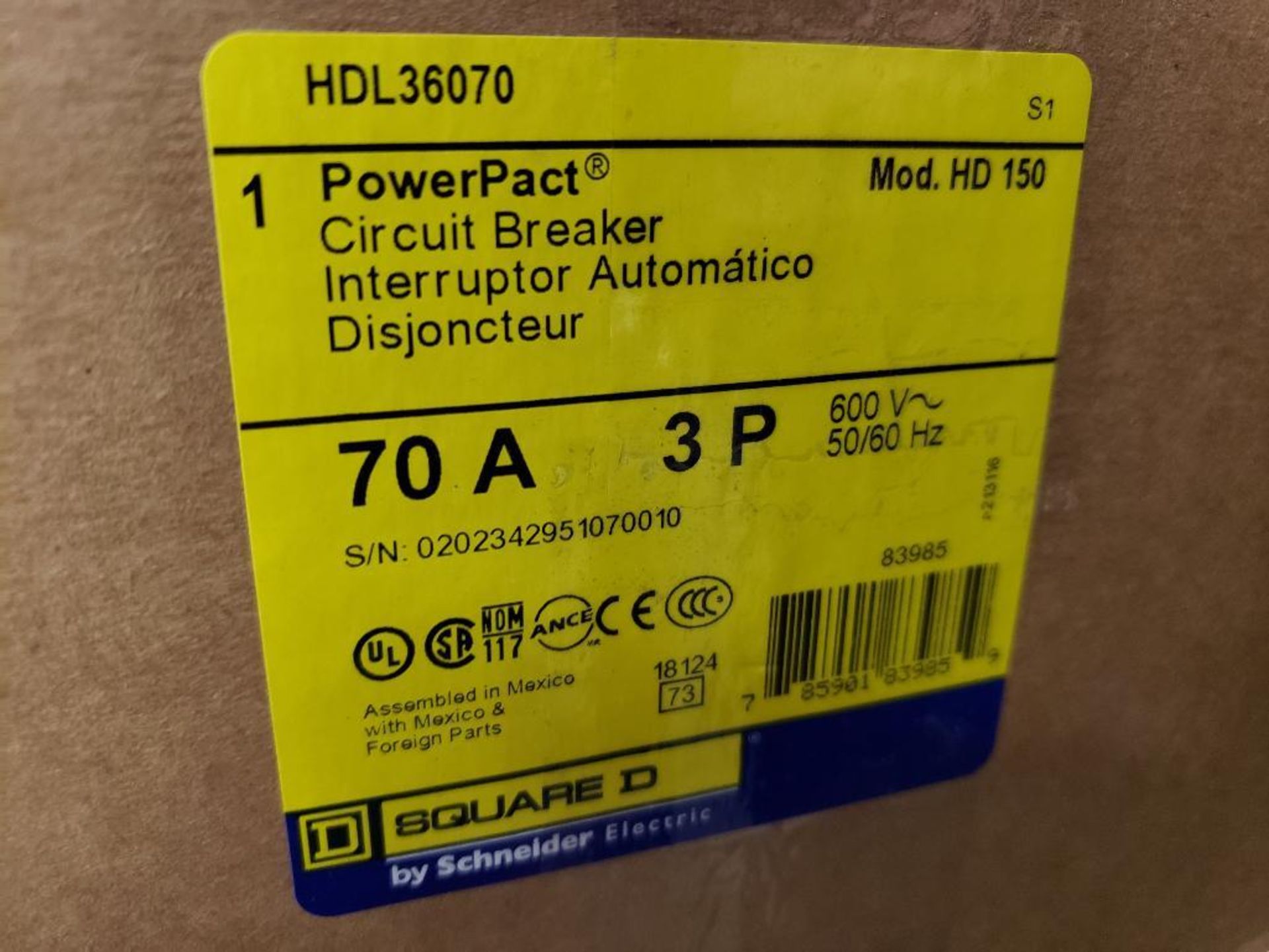 Qty 2 - Square D PowerPact circuit breaker. Model HDL36070. 70amp 3 phase. New in box. - Image 2 of 2