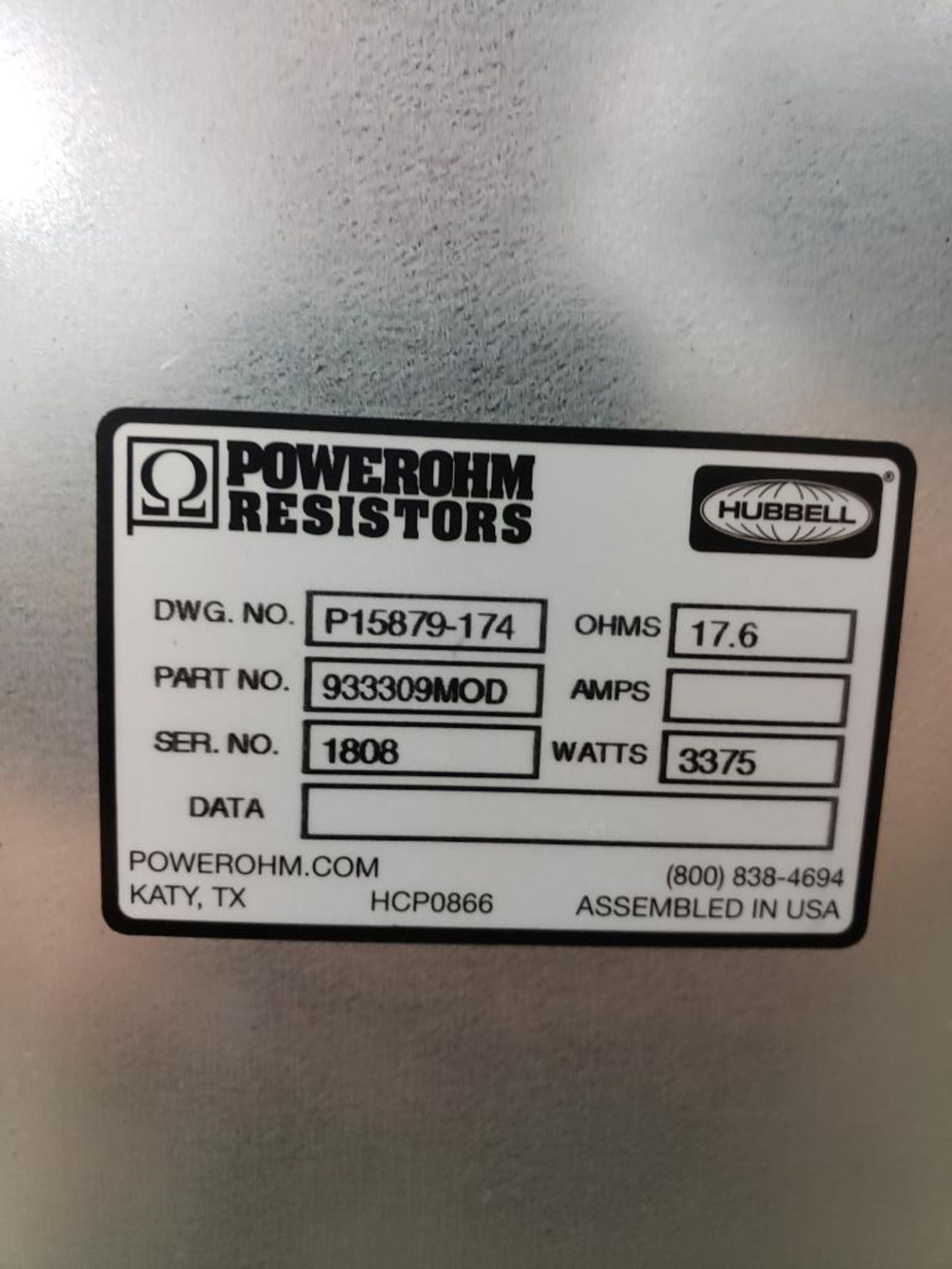 Powerohm Resistors Inc Hubbell 3375 watt brake. 17.5ohm. Part number 933309MOD. New. - Image 3 of 3
