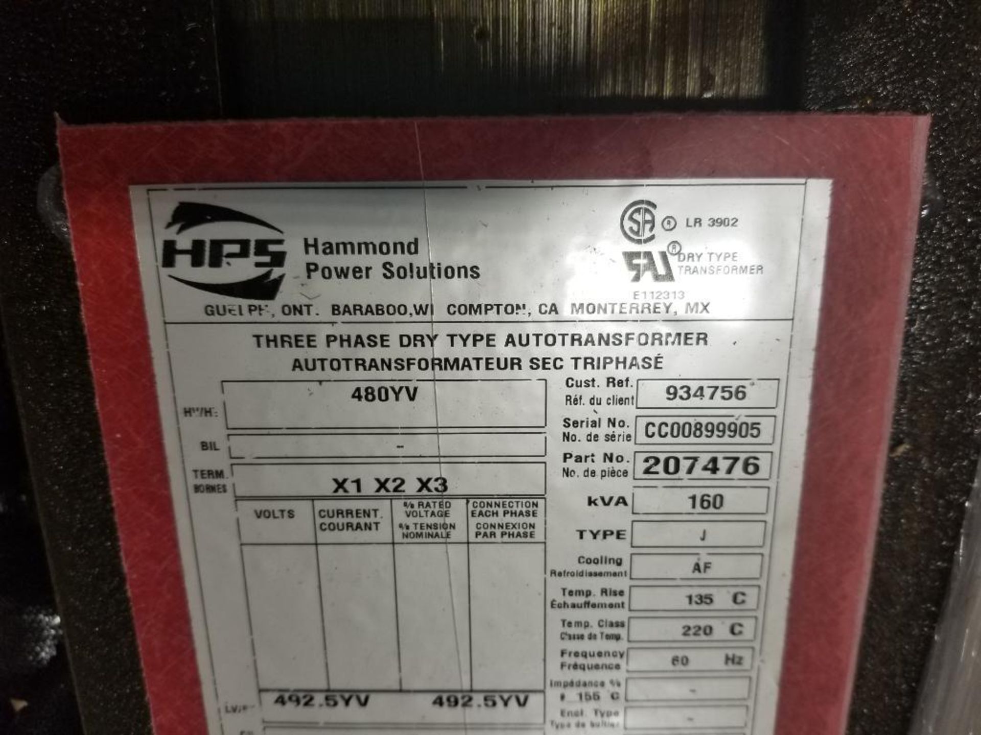 Hammond Power Solutions HPS three phase dry type autotransformer. 160kVa. Part number 207476. New. - Image 3 of 5