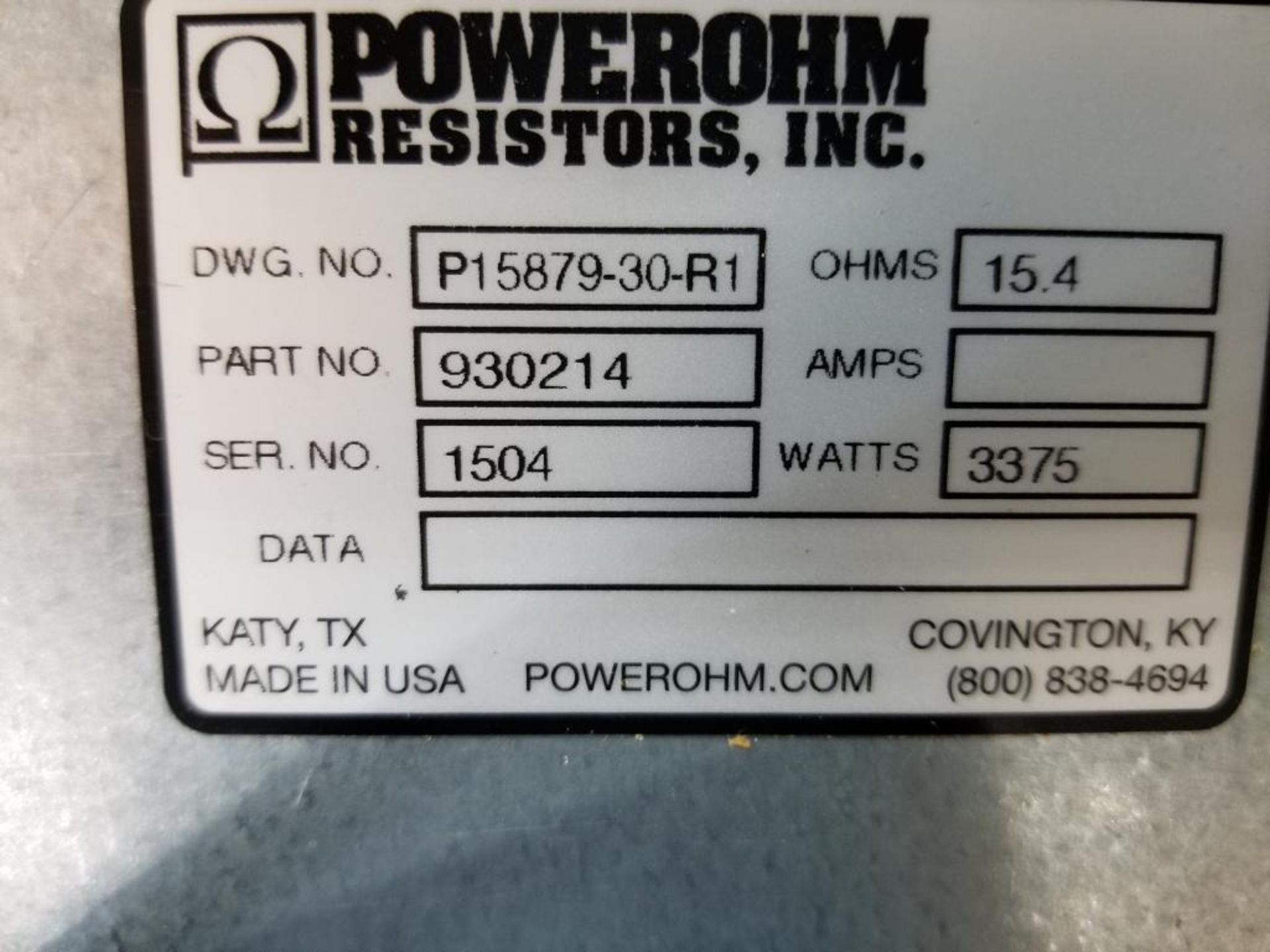 Powerohm Resistors Inc Hubbell 3375watt brake. 15.4ohm. Part number 930214. New. - Image 7 of 7