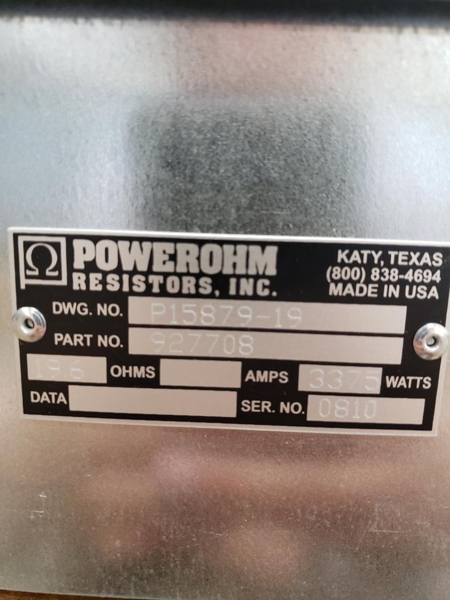 Powerohm Resistors Inc Hubbell 3375 watt brake. 19.6ohm. Part number 927708. New. - Image 2 of 3