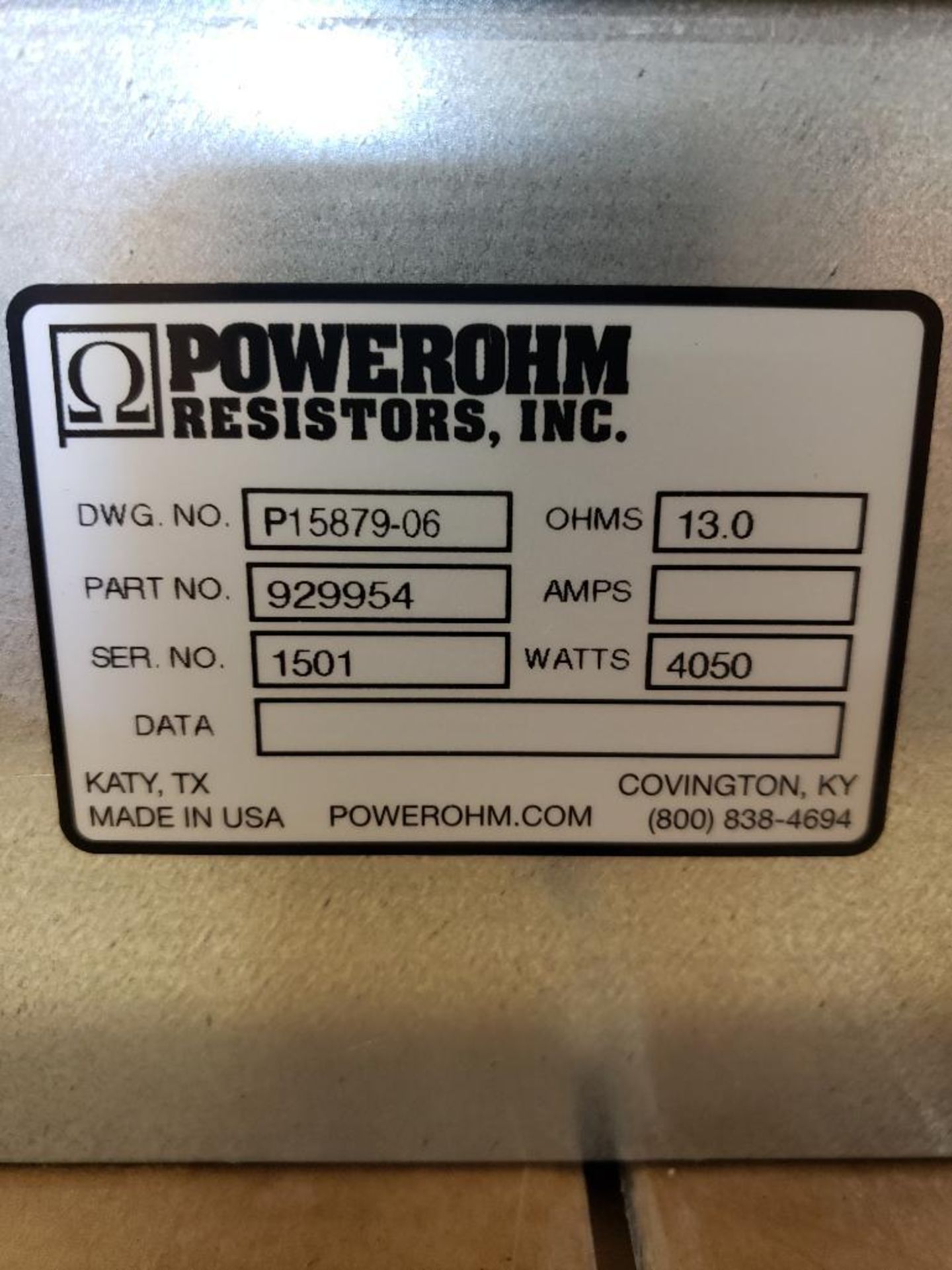 Powerohm Resistors Inc Hubbell 4050watt brake. 13ohm. Part number 929954. New. - Image 3 of 4