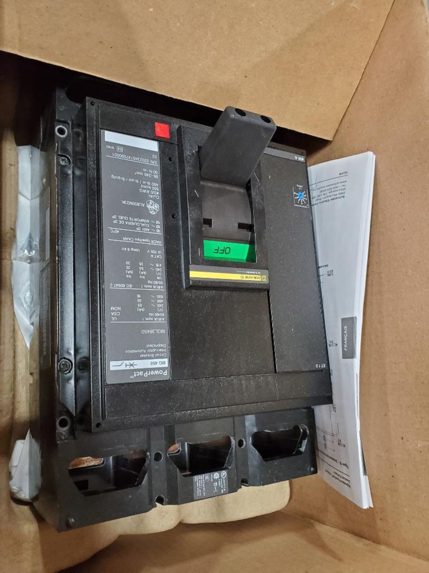 Qty 1 - Square D PowerPact circuit breaker. 450amp 3 phase. Model MGL36450LW. New in box. - Image 2 of 3