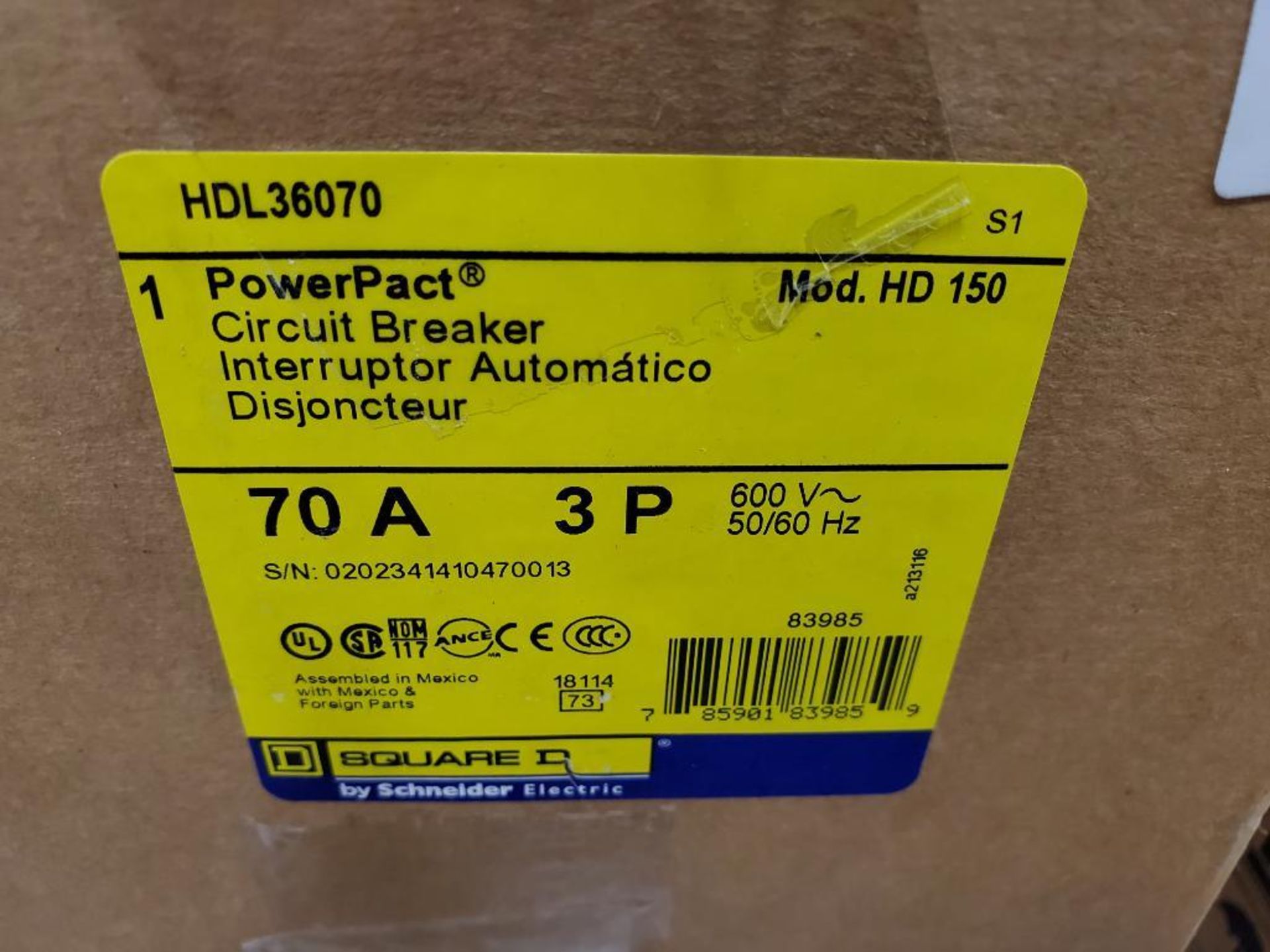 Qty 2 - Square D PowerPact circuit breaker. Model HDL36070. 70amp 3 phase. New in box. - Image 2 of 2