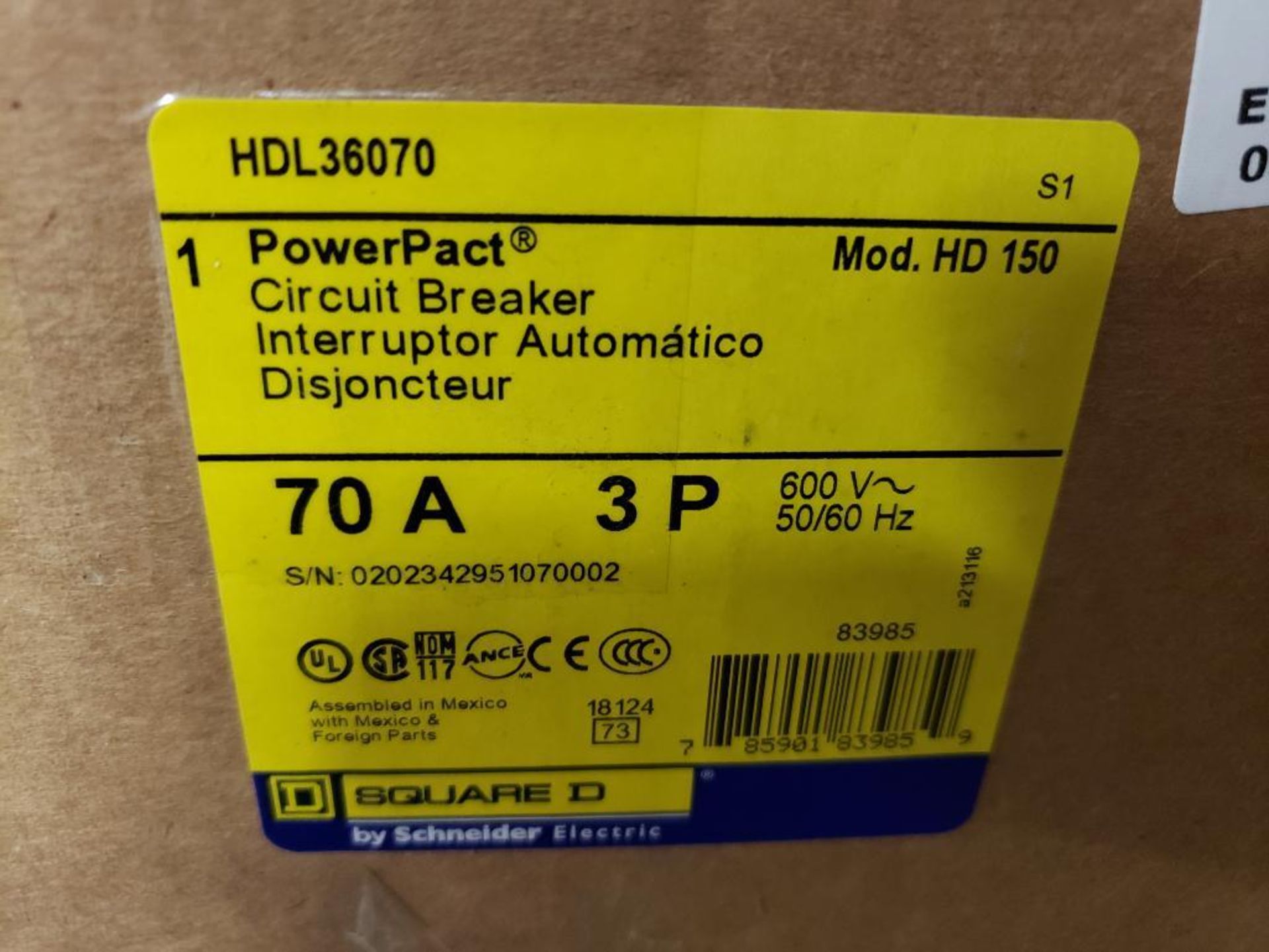 Qty 2 - Square D PowerPact circuit breaker. Model HDL36070. 70amp 3 phase. New in box. - Image 2 of 2