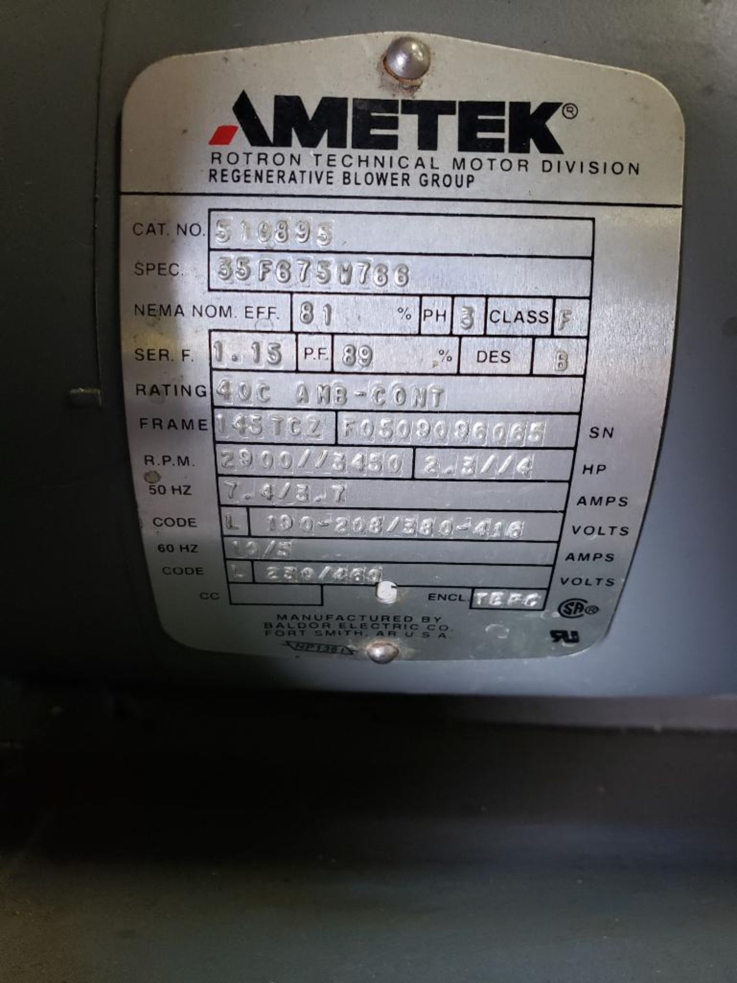 Ametek Rotron regenerative blower. Catalog 510895. 3 phase 230/460v. - Image 2 of 5