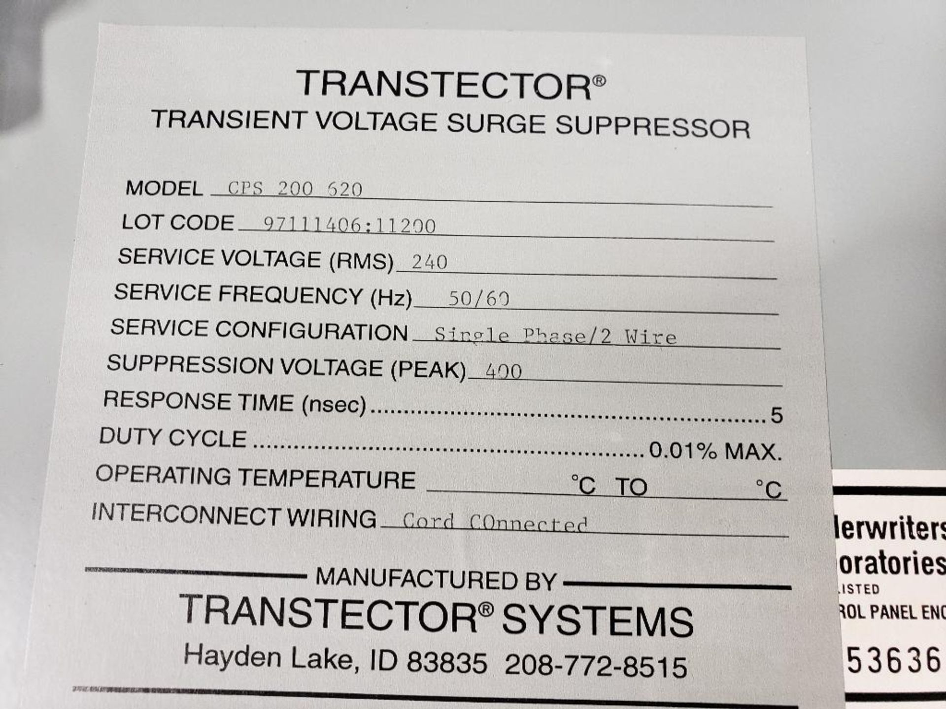 Transtector surge suppressor system. Model. CPS-200-520. - Image 4 of 5