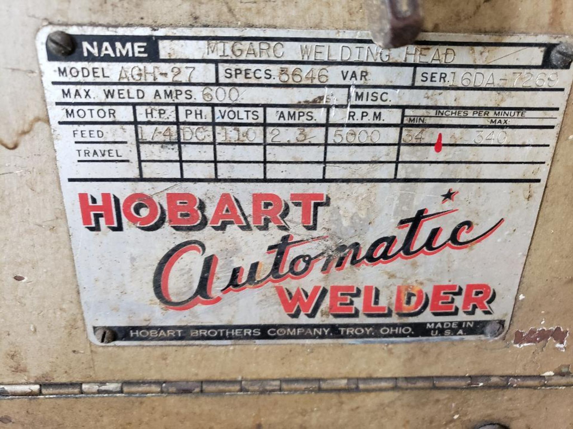 Hobart welder. Model RC-256. 200amp with MIGARC welding head. MOdel AGH-27. - Image 10 of 10