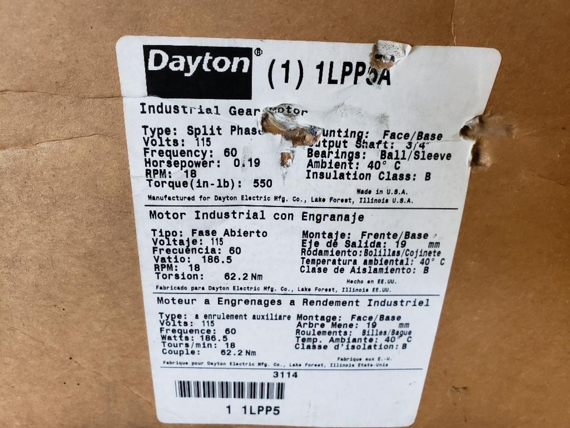 .19hp Dayton Industrial gear motor. Model 1LPP5A. New in box. - Image 2 of 2