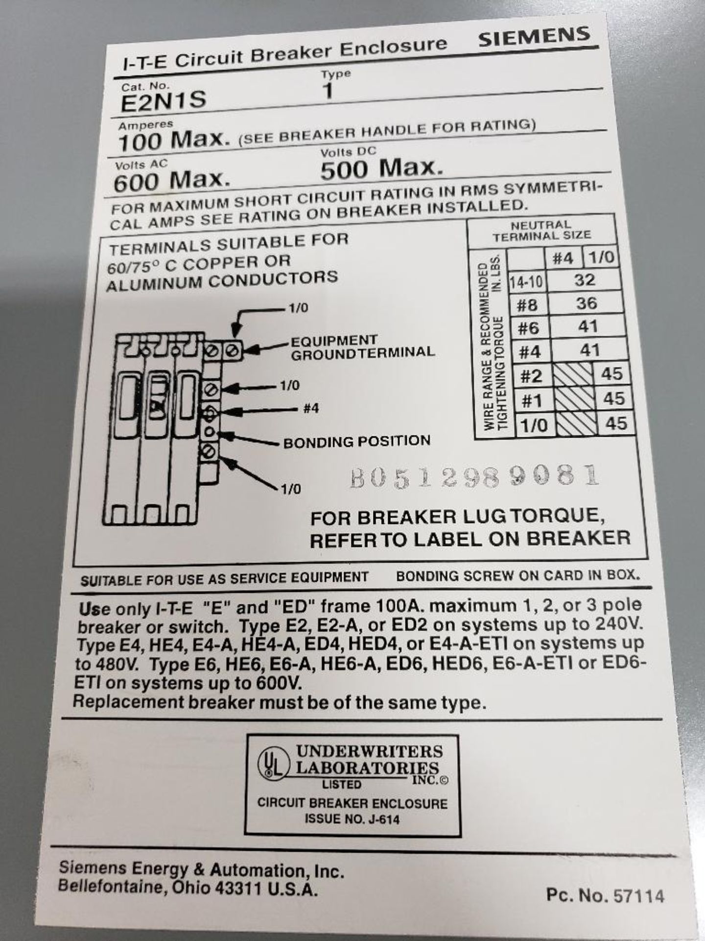 Siemens ITE safety disconnect. Catalog E2N1S. - Image 3 of 4