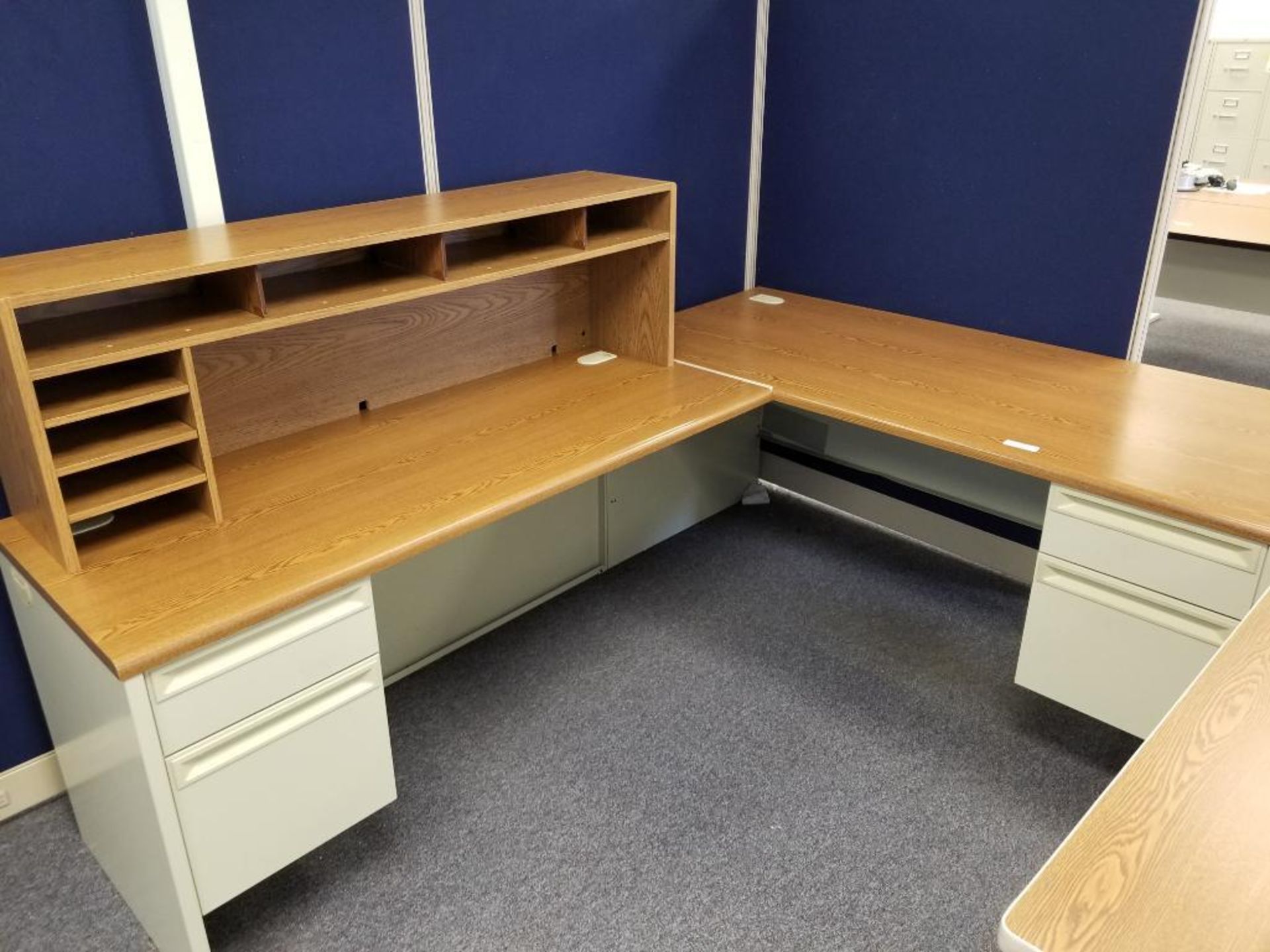 HON office furniture L-shaped desk. Overall size 66x90.