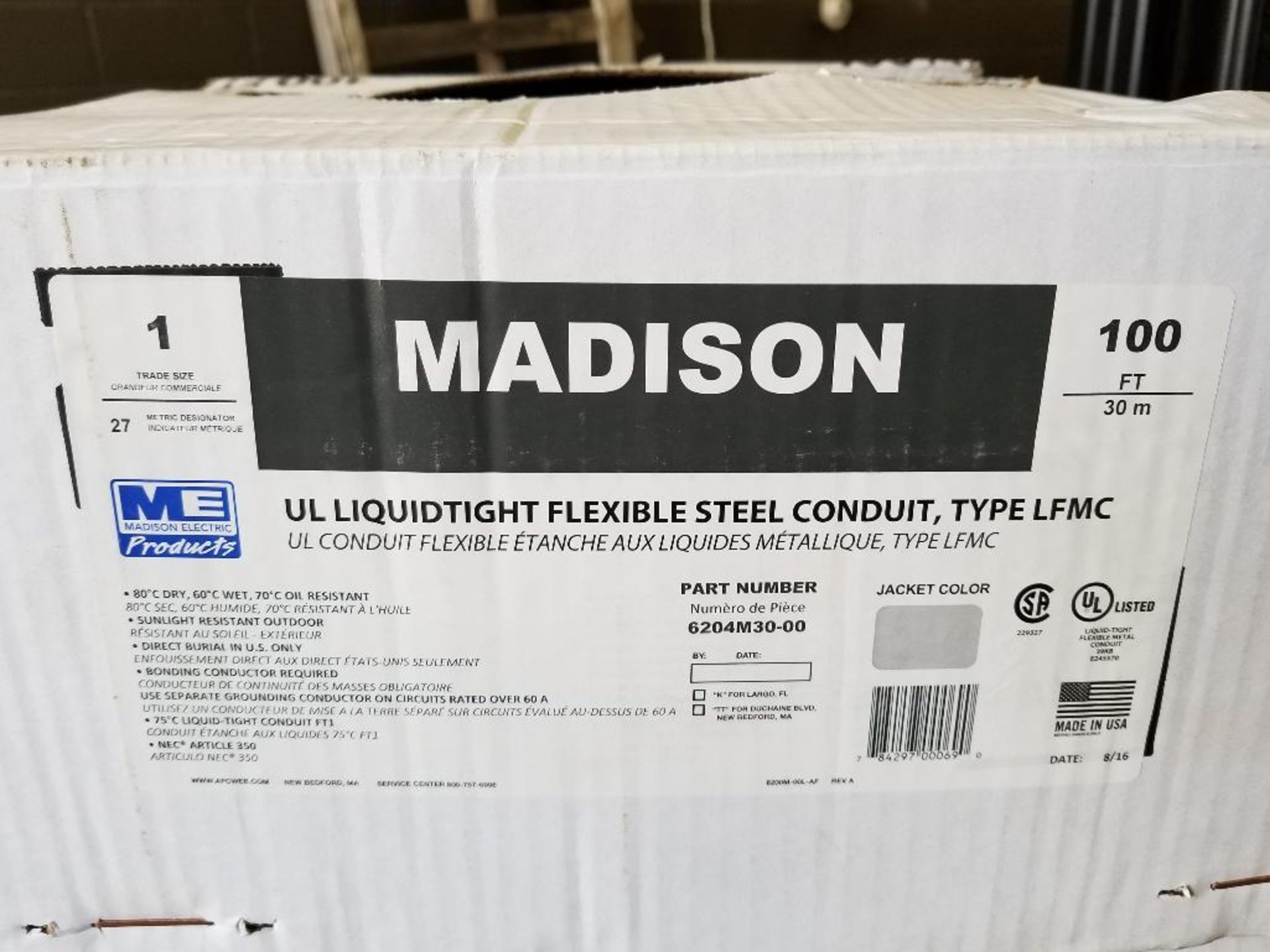 100ft Madison 1" UL Liquidtight flexible steel conduit. Part number 6204M30. New in box. - Image 2 of 2